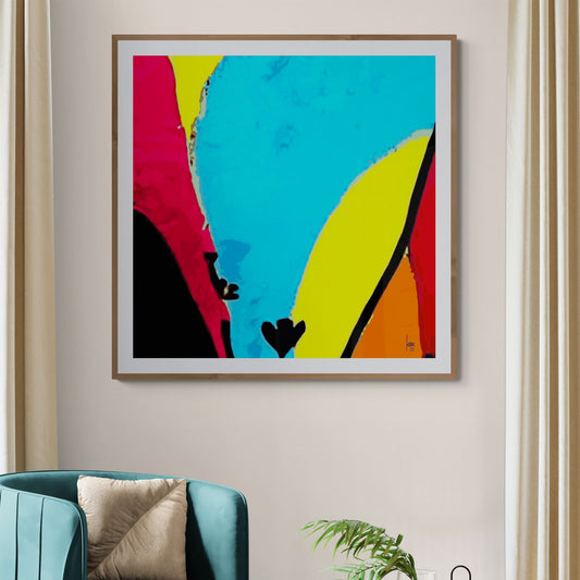 Exposition mon œuvre "Jeune Pousse" en tirage d'art encadré 100x100cm dans un intérieur moderne.