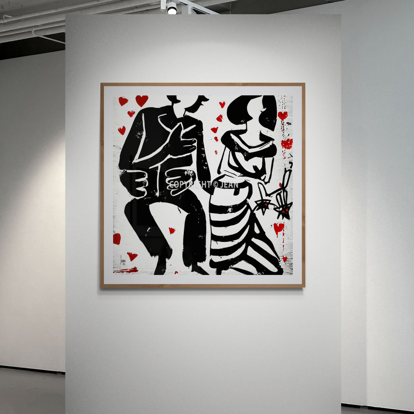 "Discussions", œuvre abstraite encadrée exposée dans une galerie d'art, format carré.