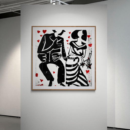 "Discussions", œuvre abstraite encadrée exposée dans une galerie d'art, format carré.