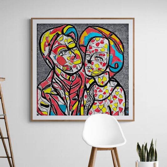 Tableau "Boris et Natacha" encadré, œuvre abstraite exposée dans un intérieur moderne blanc