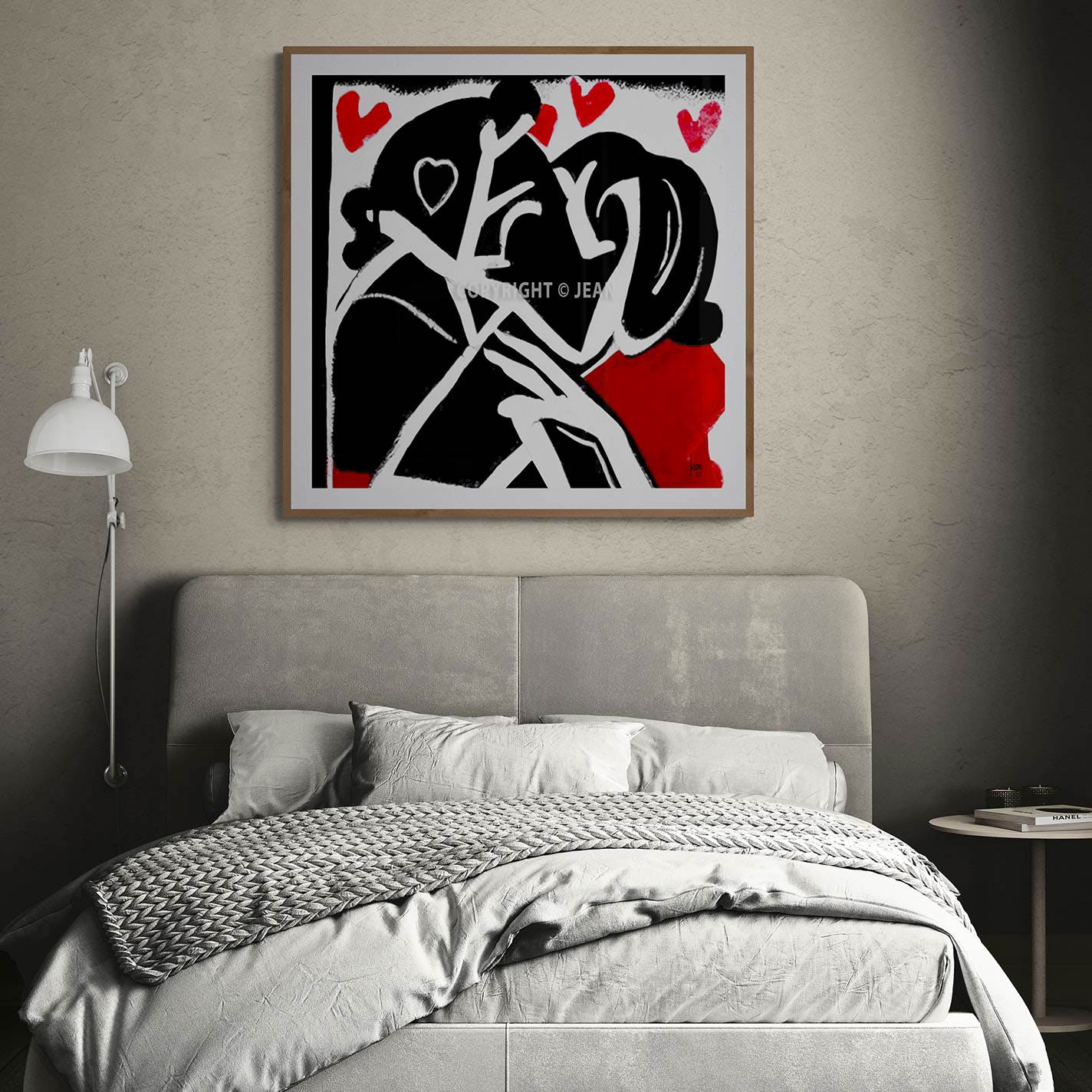 Tableau "Unité" encadré, œuvre abstraite exposée dans une chambre à coucher