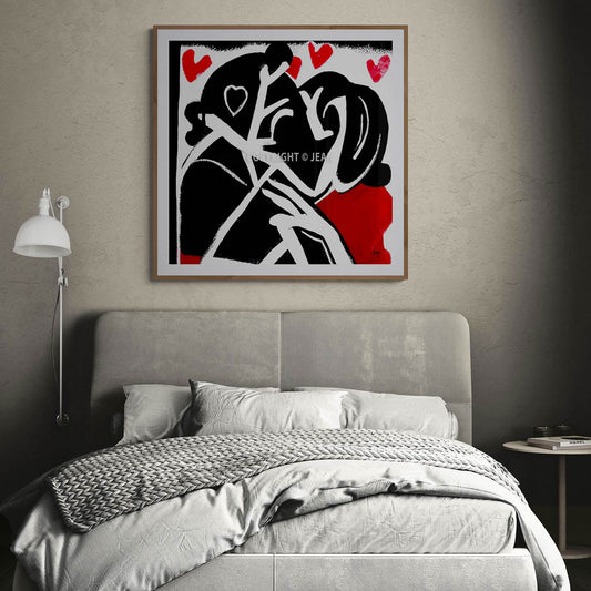 Tableau "Unité" encadré, œuvre abstraite exposée dans une chambre à coucher