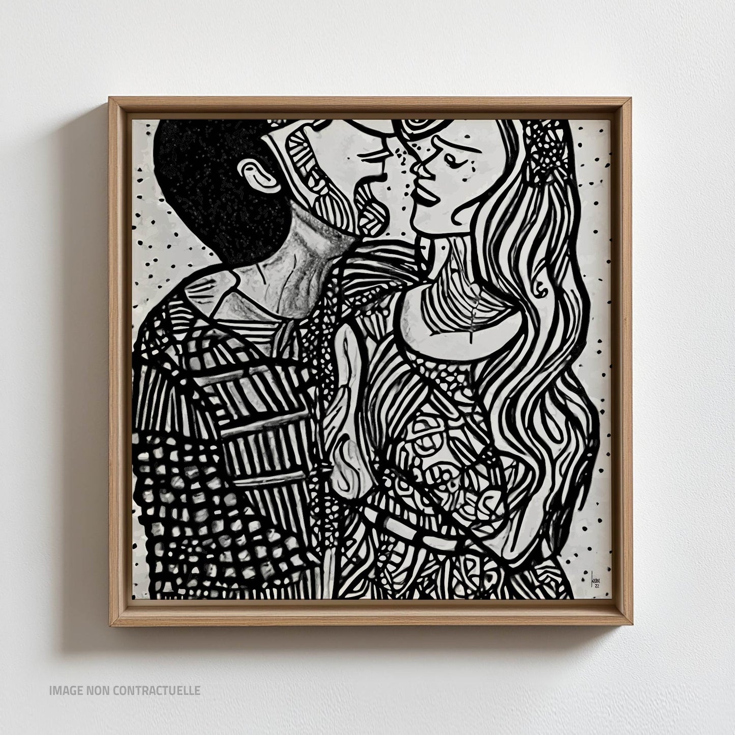 "Pauline & Benjamin", lignes délicates de deux amoureux  dessin numérique expressif et sensible. Support cadre flottant 110x110cm