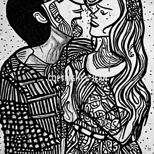 Oeuvre numérique "Pauline & Benjamin" : silhouettes stylisées de deux amoureux tenus par la main dans une composition épurée, aux traits délicats et poétique.
