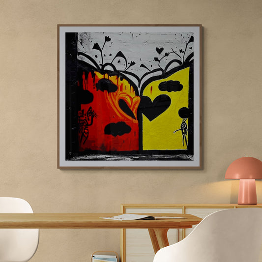 "Coccinelles", œuvre abstraite encadrée et exposée dans un séjour moderne, format carré.