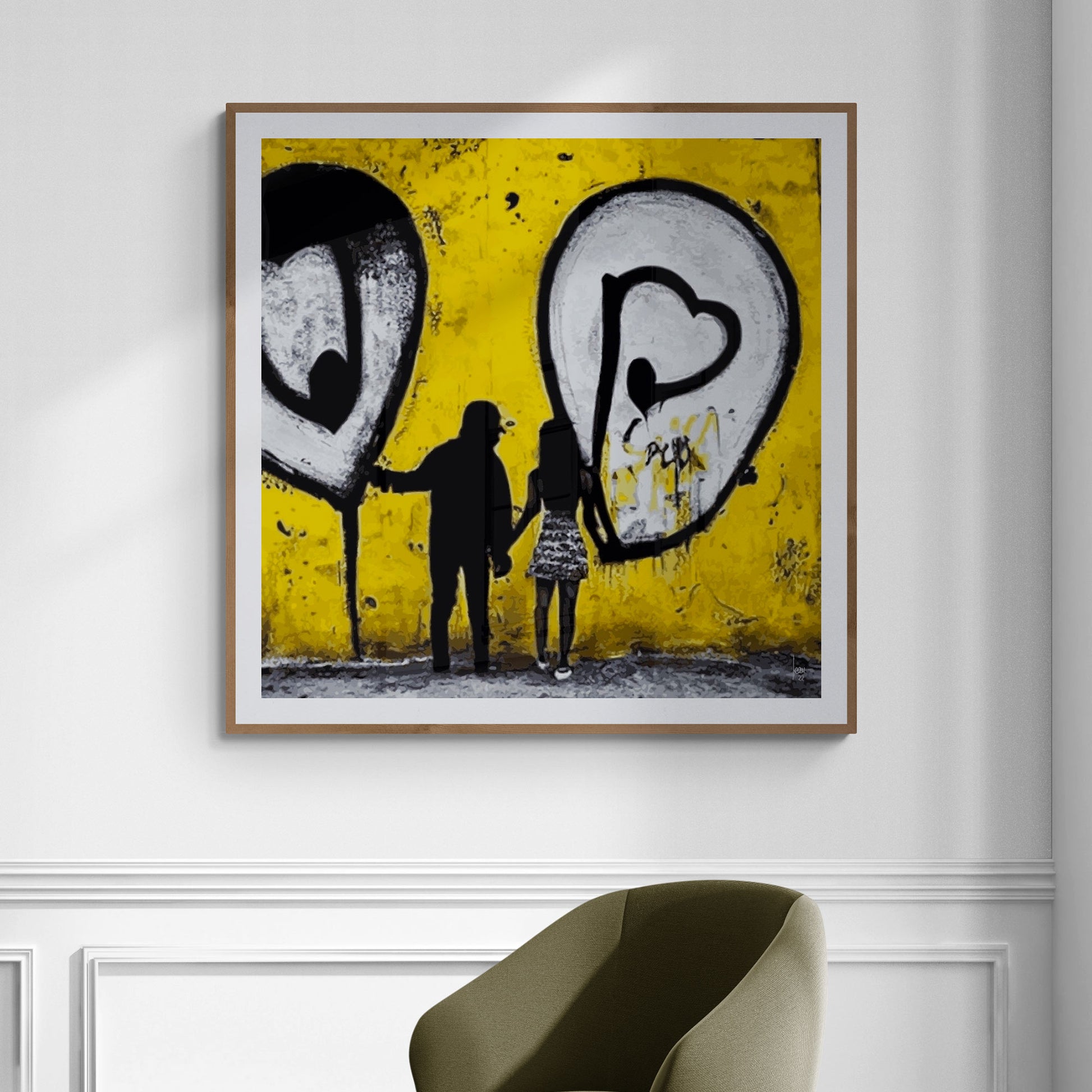 Mon tableau "Ballons Blancs" encadré, œuvre poétique exposée dans un séjour.