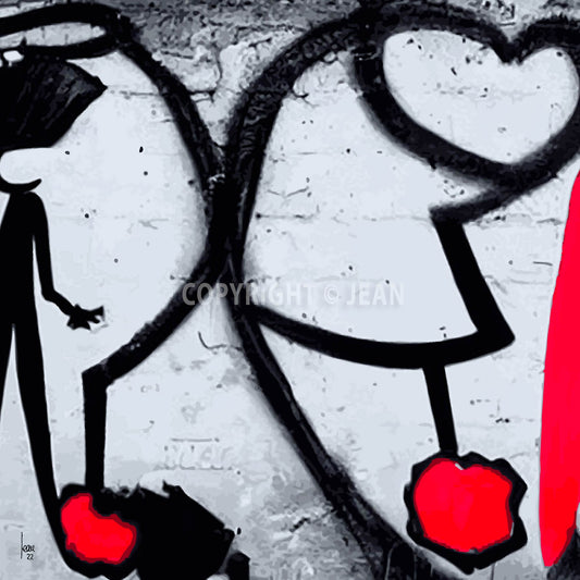 Œuvre contemporaine "ATTACHES" avec traits noirs graphiques et touches rouges éclatantes, symbolisant les liens affectifs, style abstrait minimaliste, 2022