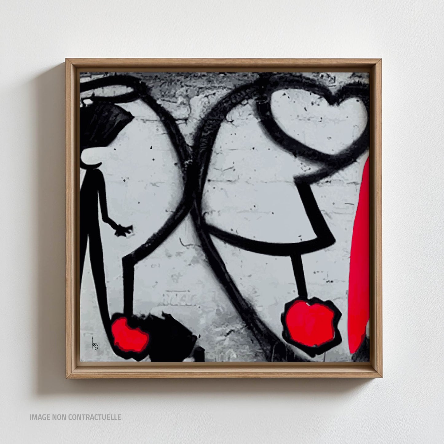 Œuvre "ATTACHES" sur cadre flottant en bois clair, traits noirs et rouges symbolisant les liens humains, tirage sur Dibond, style contemporain, 2022