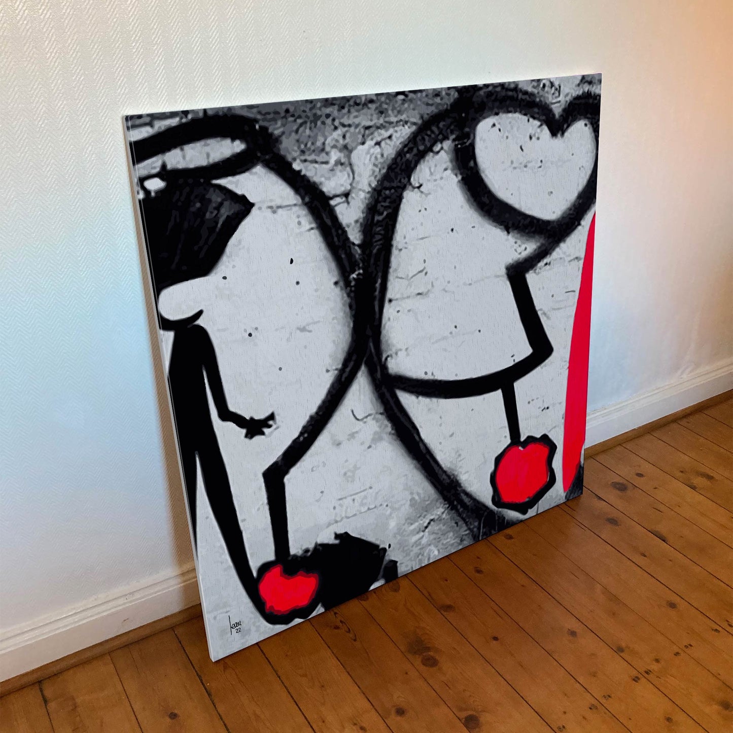 Œuvre "ATTACHES" imprimée sur toile Hahnemühle Canvas Goya 340g, traits noirs graphiques et touches rouges, art abstrait poétique, 2022