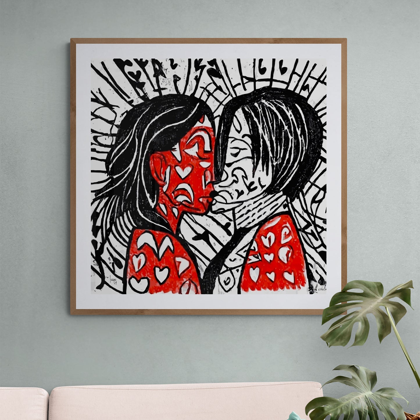 Mon oeuvre "Duo" encadrée, tableau abstrait moderne exposé dans un séjour, art numérique vibrant.