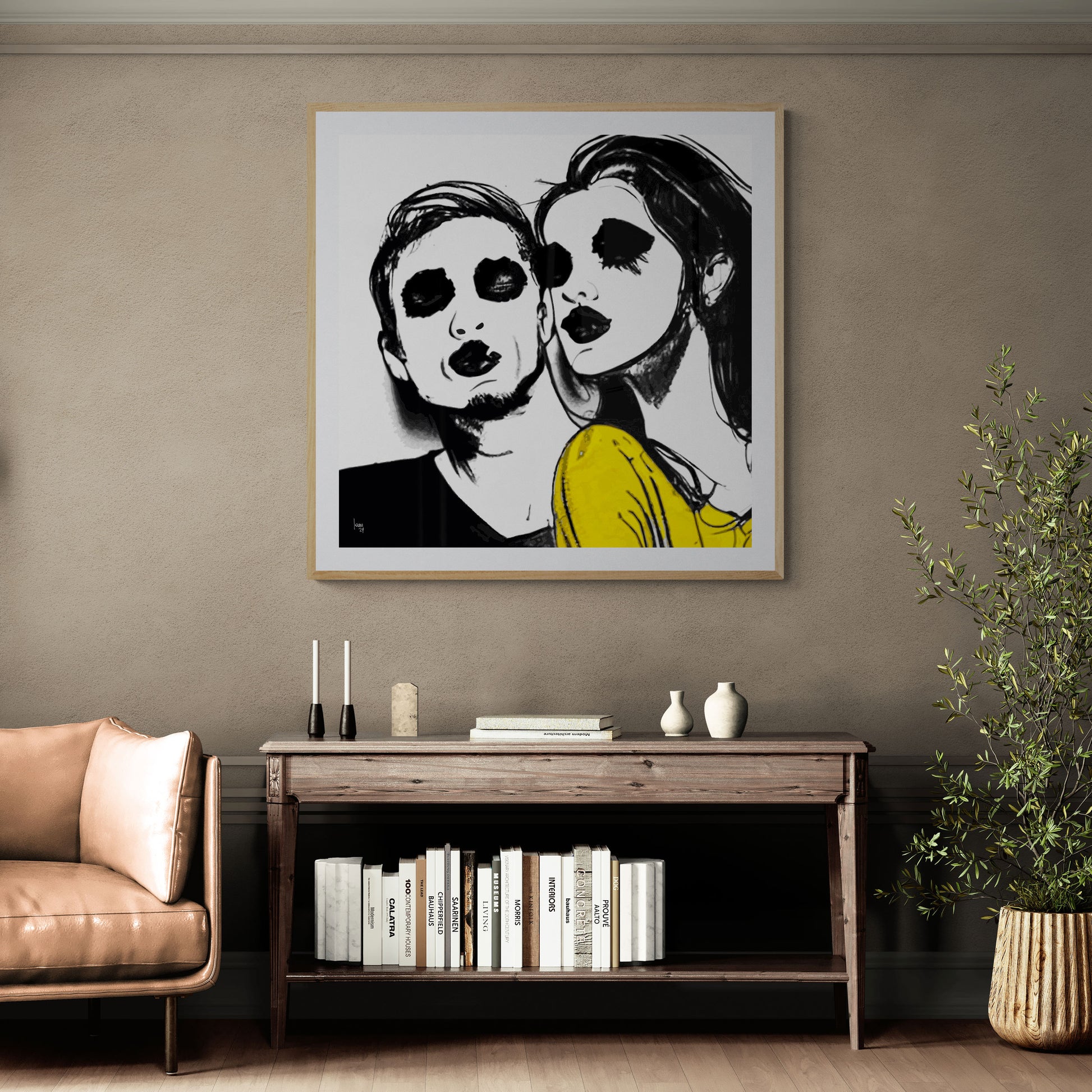 Mon oeuvre "Joe et Line" encadrée, tableau contemporain exposé dans un séjour. Art numérique moderne.