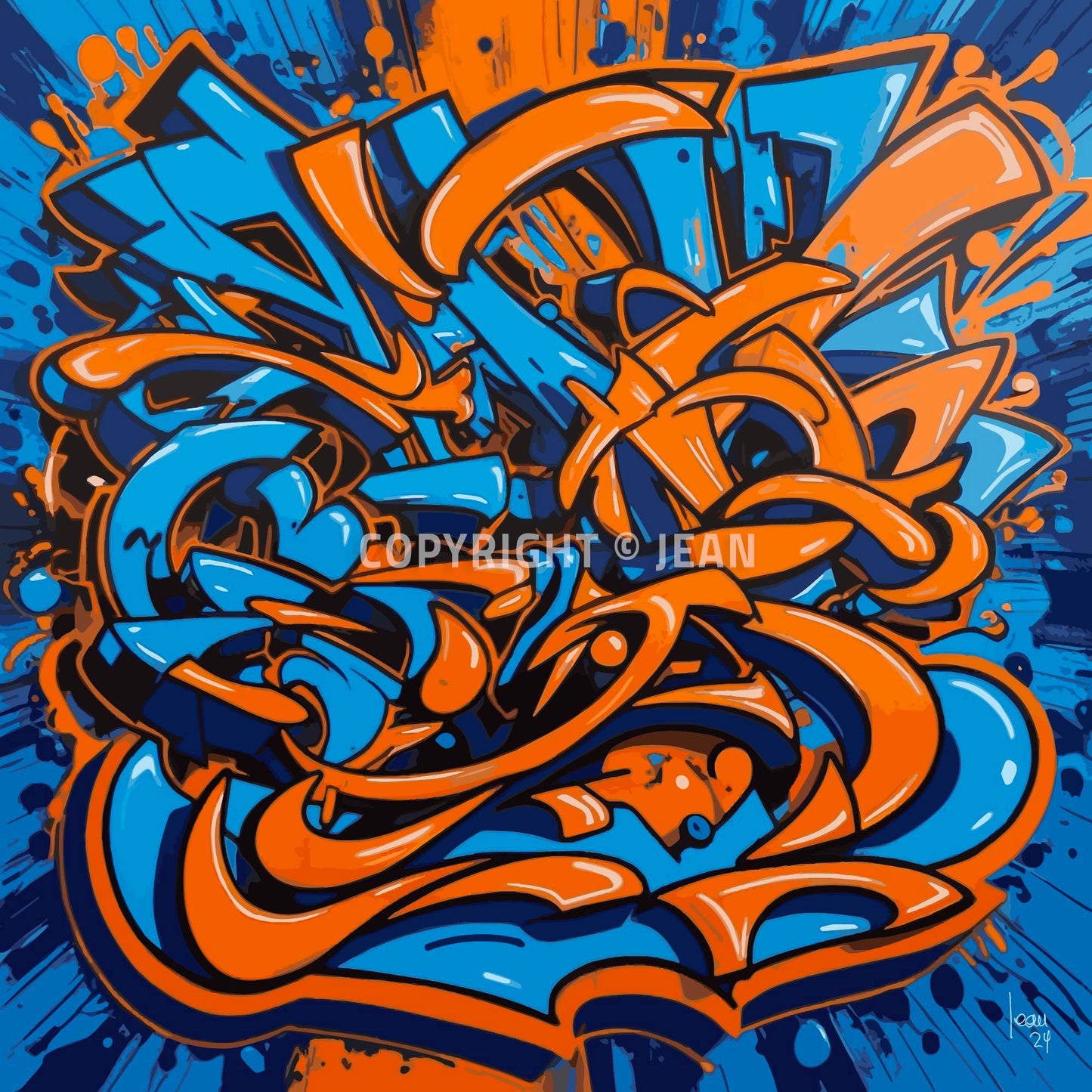 Œuvre contemporaine 'EXPLOSION' mêlant orange et bleu dans un style street art vibrant, motifs graphiques abstraits évoquant mouvement et énergie, 2024