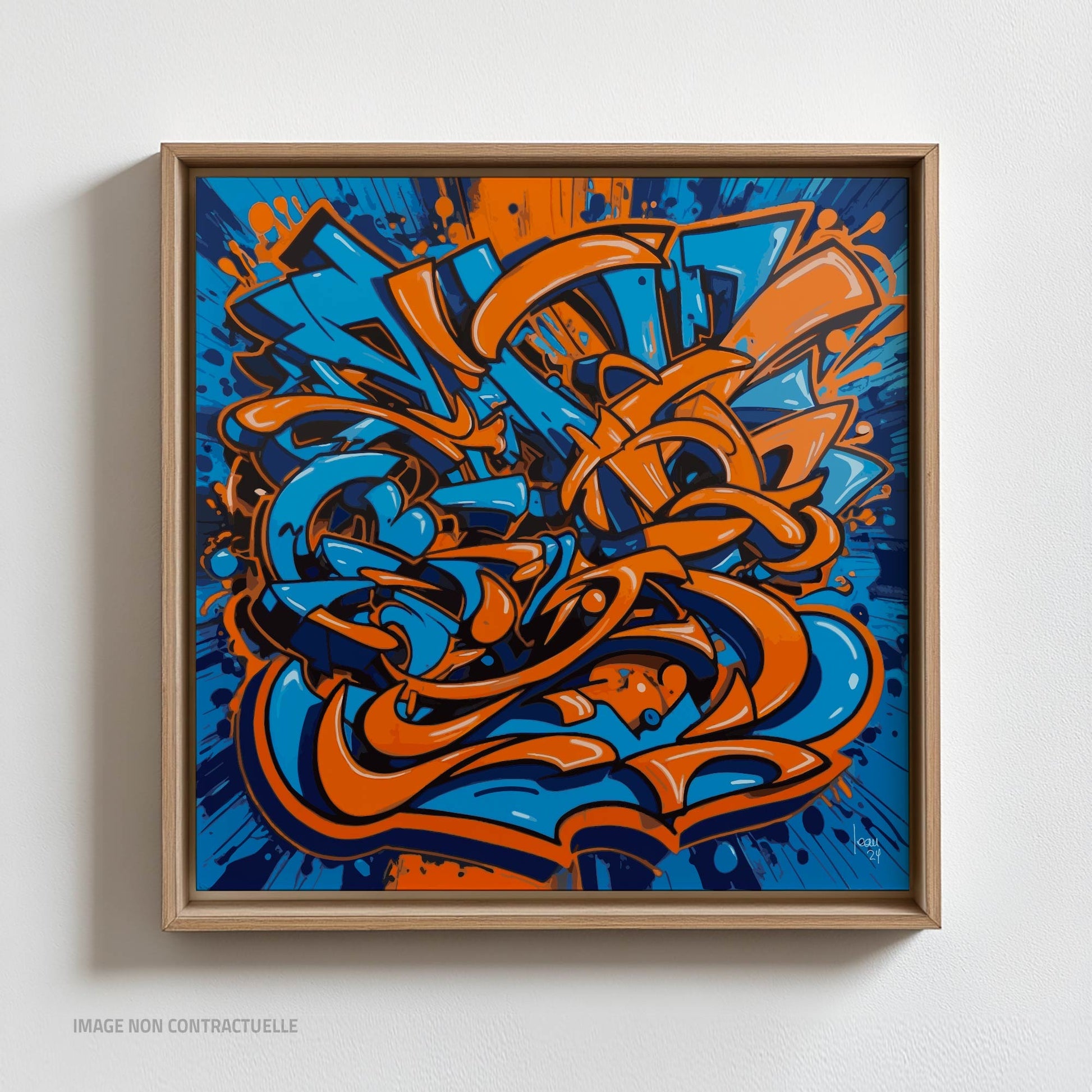 Œuvre 'EXPLOSION' sur cadre flottant en bois clair, tirage sur Dibond avec motifs orange et bleu, style graffiti abstrait, énergie visuelle, 2024