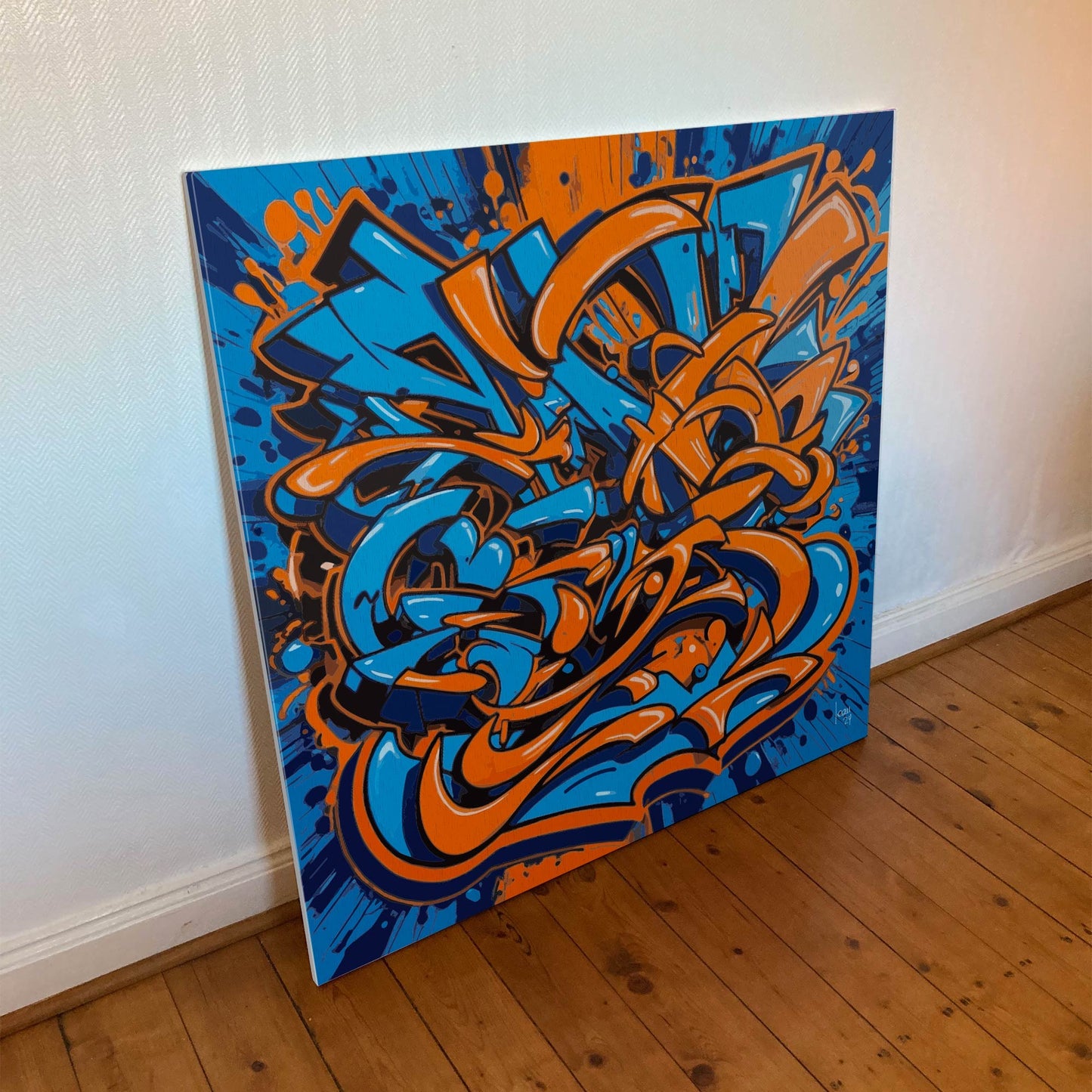 Œuvre 'EXPLOSION' imprimée sur toile Hahnemühle Canvas Goya 340g, motifs orange et bleu dans un style street art abstrait, énergie graphique, 2024