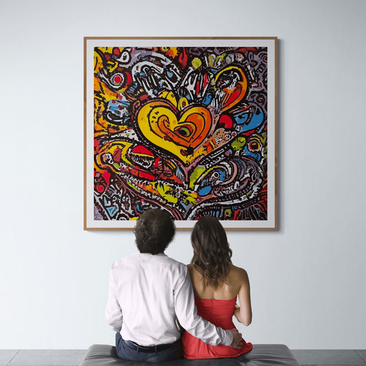 "Big Bang" encadré, œuvre abstraite en couleurs vives, exposée dans une galerie