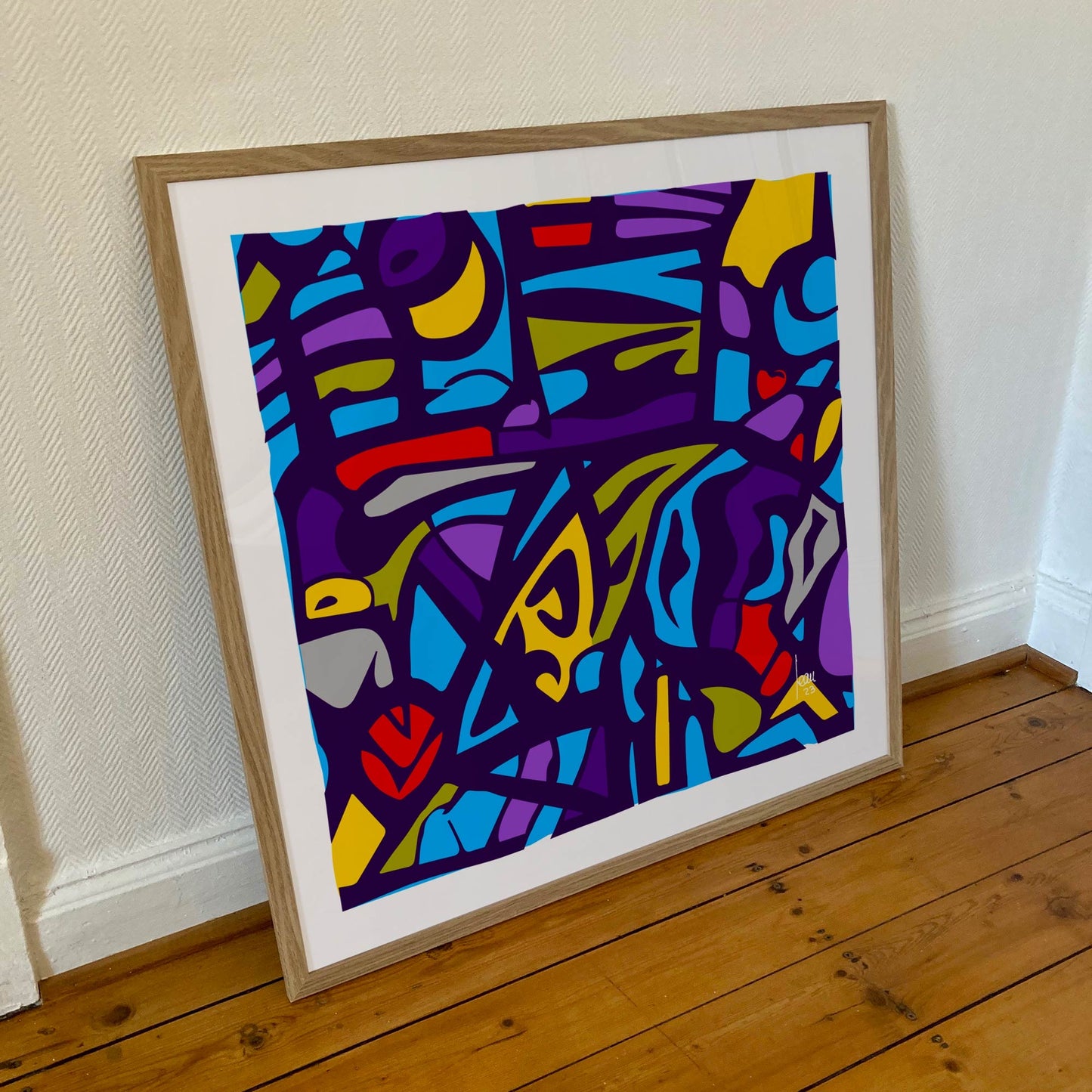 "Les Vitraux Bleus" tirage d'art encadré 70x70cm, papiers haut de gamme. Art contemporain abstrait et achat en ligne, une oeuvre carrée aux couleurs vives