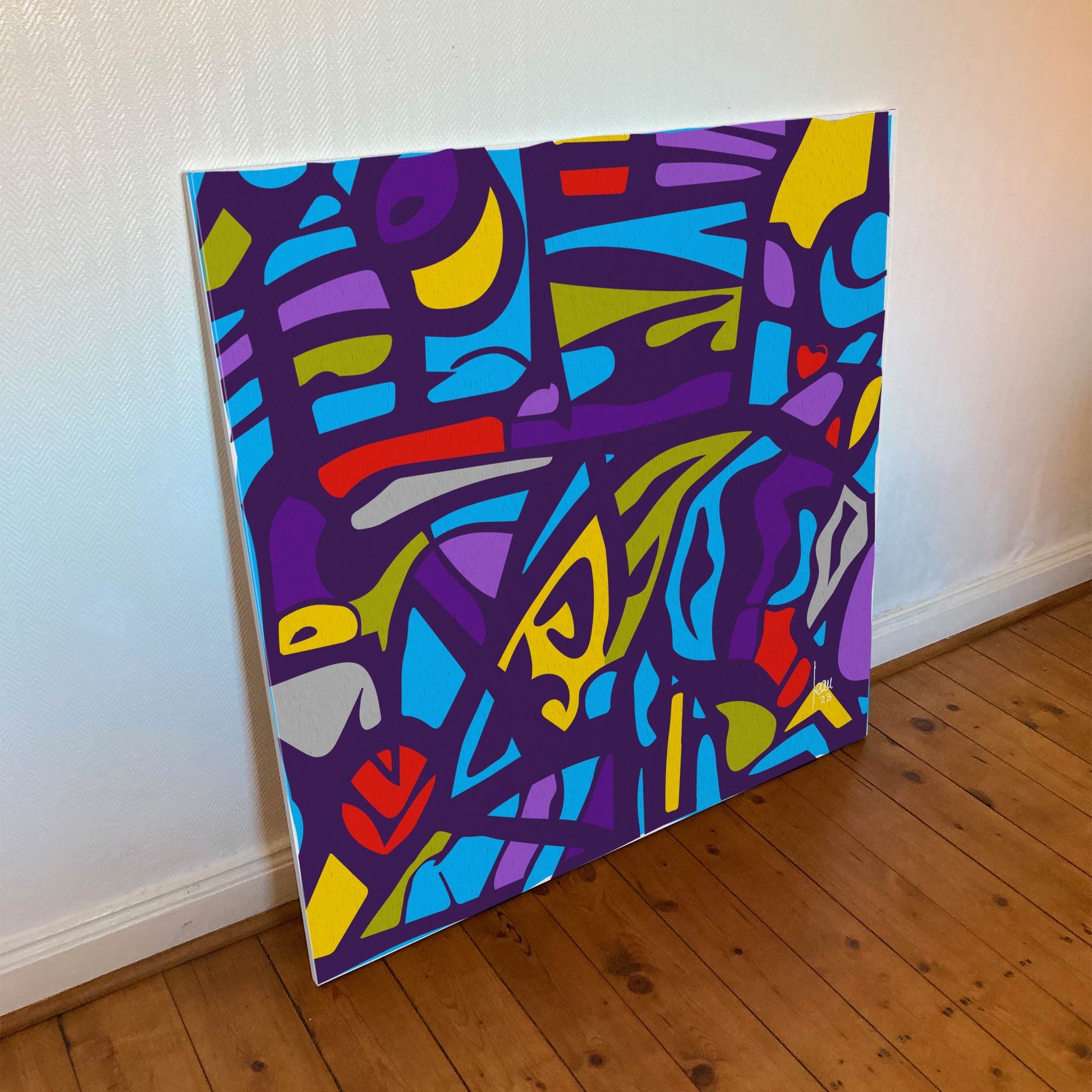 "Les Vitraux Bleus" tirage d'art sur toile et châssis bois 100x100cm, toile haut de gamme. Art contemporain abstrait et achat en ligne, une oeuvre carrée aux couleurs vives