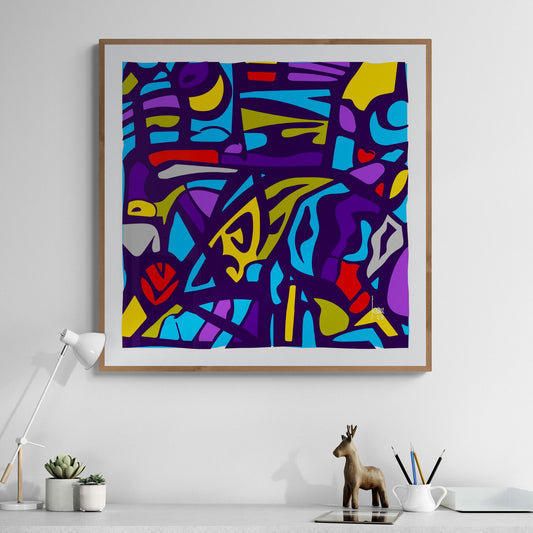 Mon oeuvre "Les Vitraux Bleus" encadrée, art abstrait exposé dans un bureau moderne.