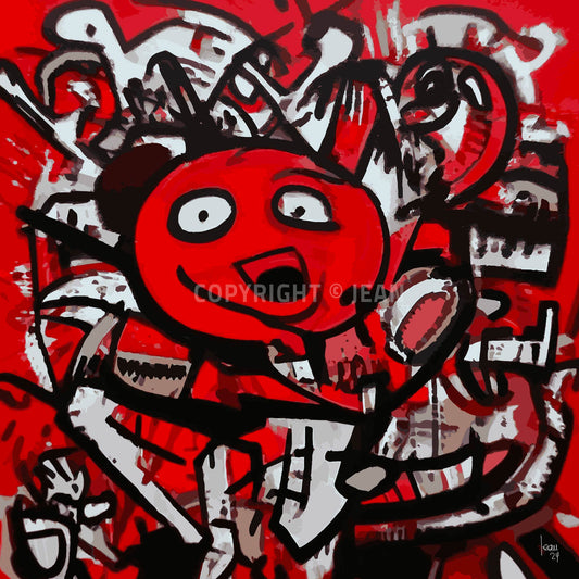 Œuvre contemporaine "DINGO" en rouge, noir et blanc, personnage au sourire déjanté dans un style art urbain abstrait, traits puissants et vibrants, 2024