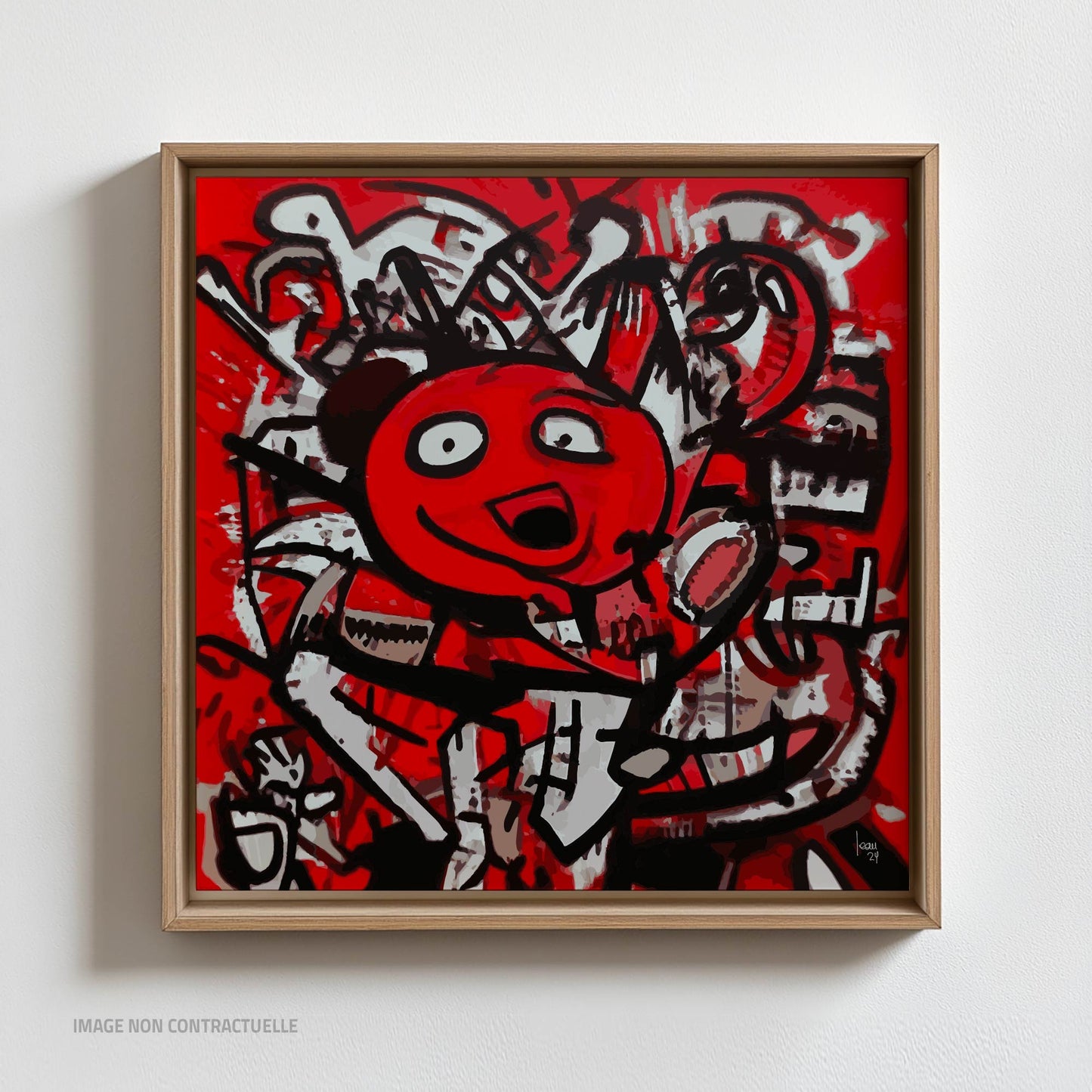 Œuvre "DINGO" sur cadre flottant en bois clair, tirage sur Dibond avec personnage déjanté en rouge, noir et blanc, style art urbain expressif, 2024