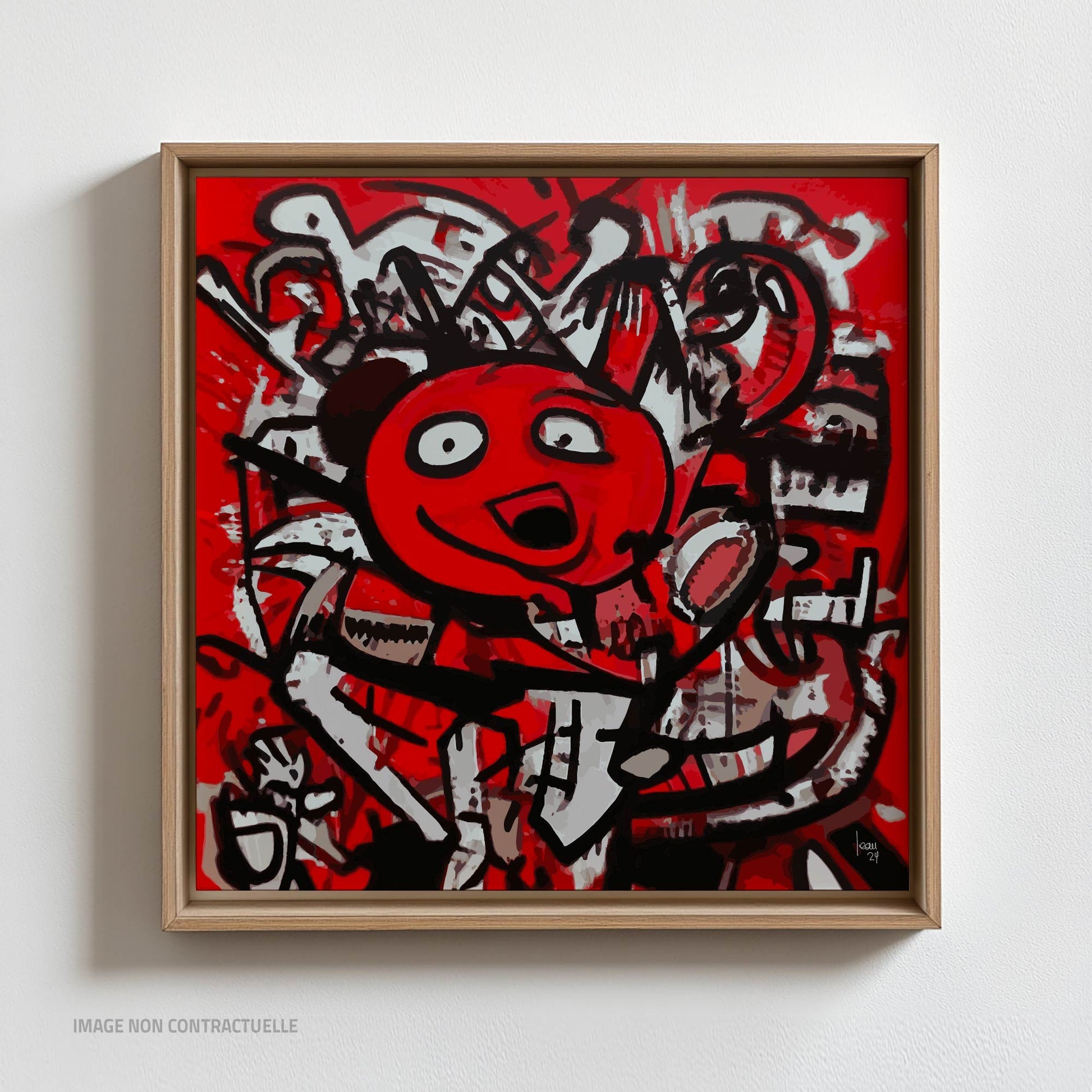 Œuvre "DINGO" sur cadre flottant en bois clair, tirage sur Dibond avec personnage déjanté en rouge, noir et blanc, style art urbain expressif, 2024