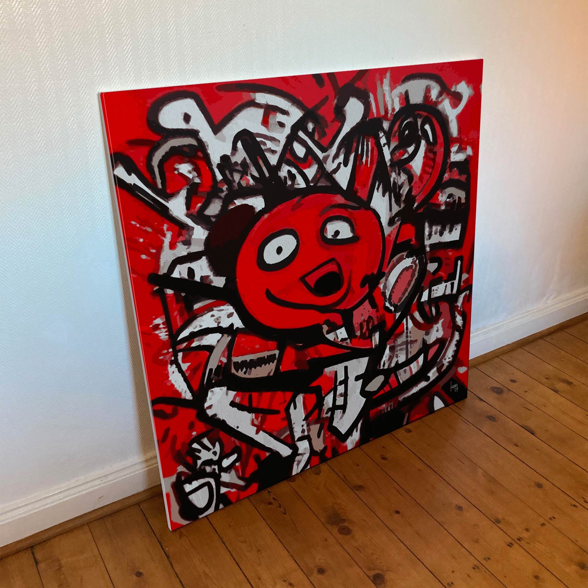 Œuvre "DINGO" imprimée sur toile Hahnemühle Canvas Goya 340g, personnage au sourire rebelle en rouge, noir et blanc, style abstrait urbain, 2024