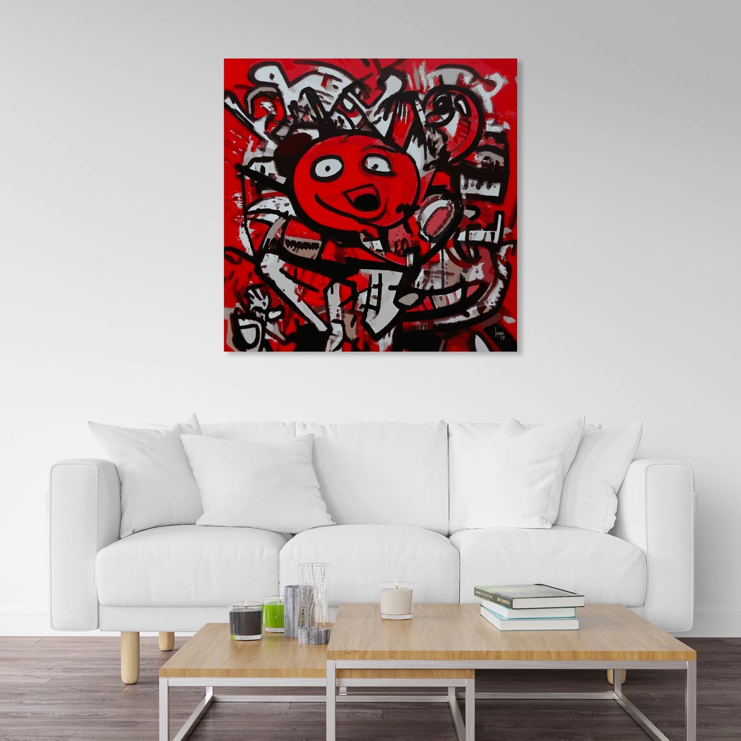 Œuvre "DINGO" exposée dans un salon moderne, personnage déjanté en rouge, noir et blanc, ajoutant une touche audacieuse à la décoration intérieure, 2024
