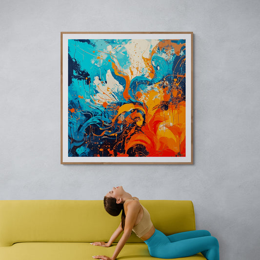 Mon oeuvre "Éruption" encadrée, œuvre abstraite moderne exposée dans un séjour.