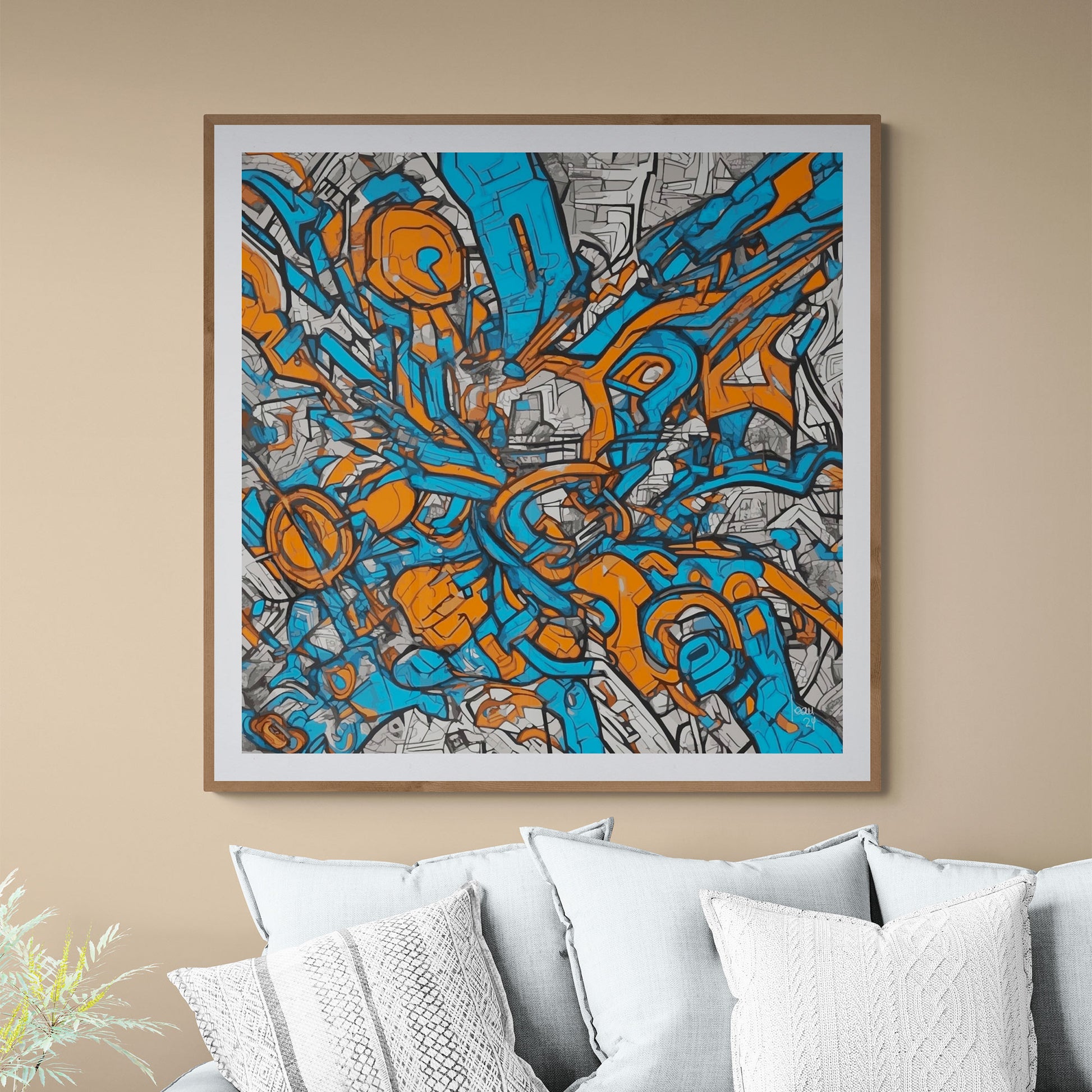 "Metropolis", œuvre contemporaine abstraite encadrée et exposée dans un salon.