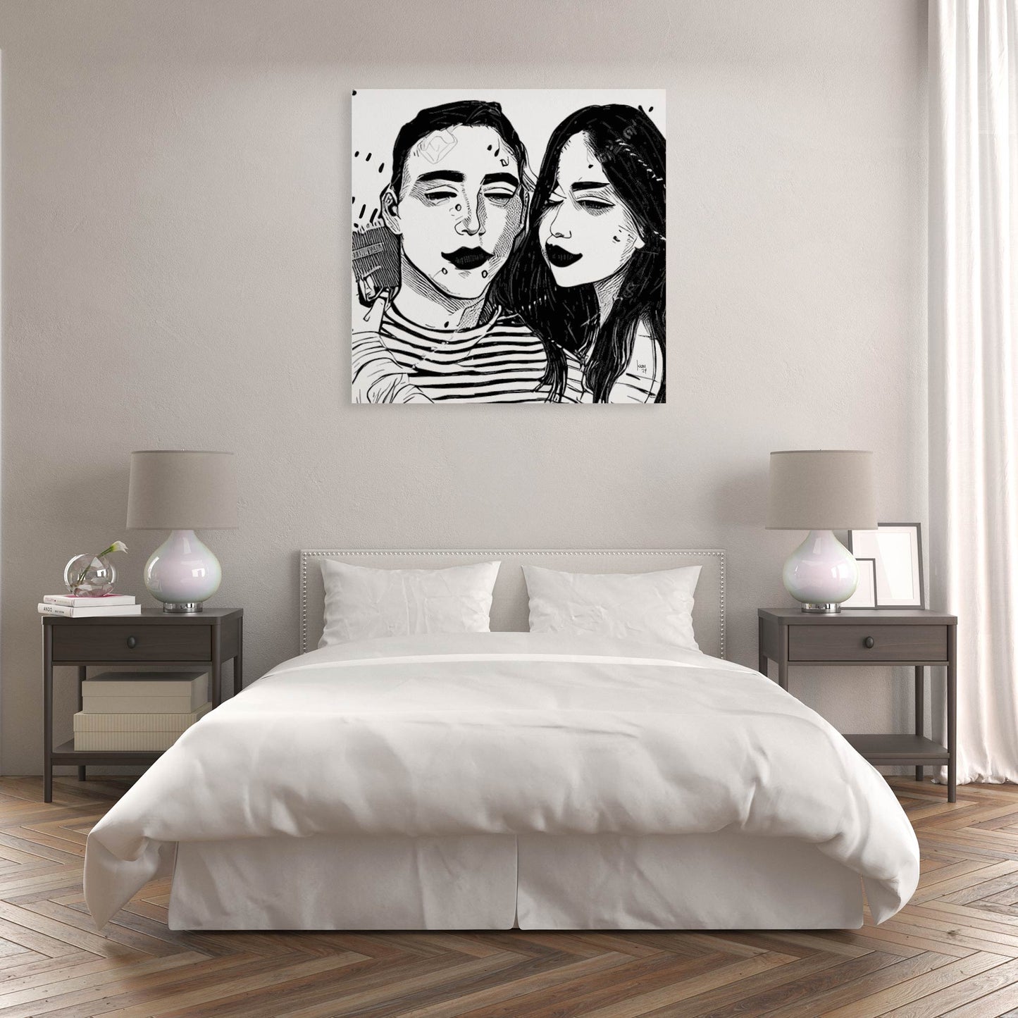 "Tim et Sally" tirage d'art contemporain, art abstrait, sur toile et châssis bois 100x100cm, exposé dans une chambre à coucher.