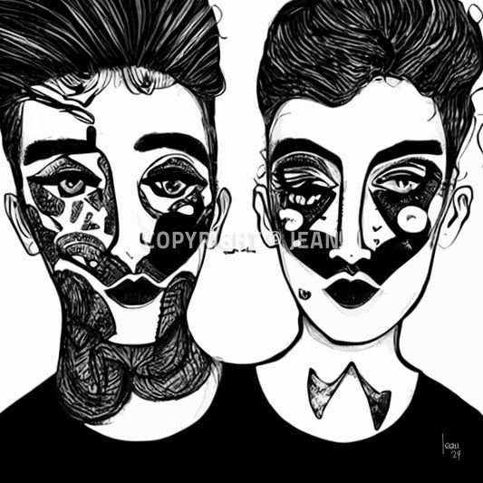 Œuvre contemporaine 'SACHA & MAYA' en noir et blanc, deux visages aux motifs graphiques expressifs, style portrait abstrait, identité et émotions, 2024