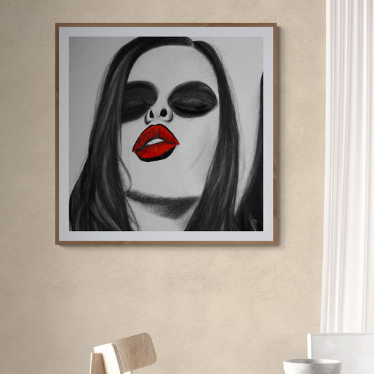 Œuvre "Lipstick" exposée encadrée dans un intérieur moderne - tirage d'art contemporain coloré.