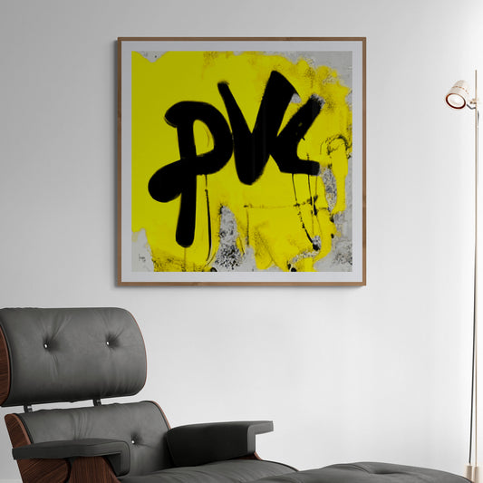 Œuvre encadrée "PVL" exposée dans un intérieur contemporain, apportant une touche graphique et vibrante à la décoration.