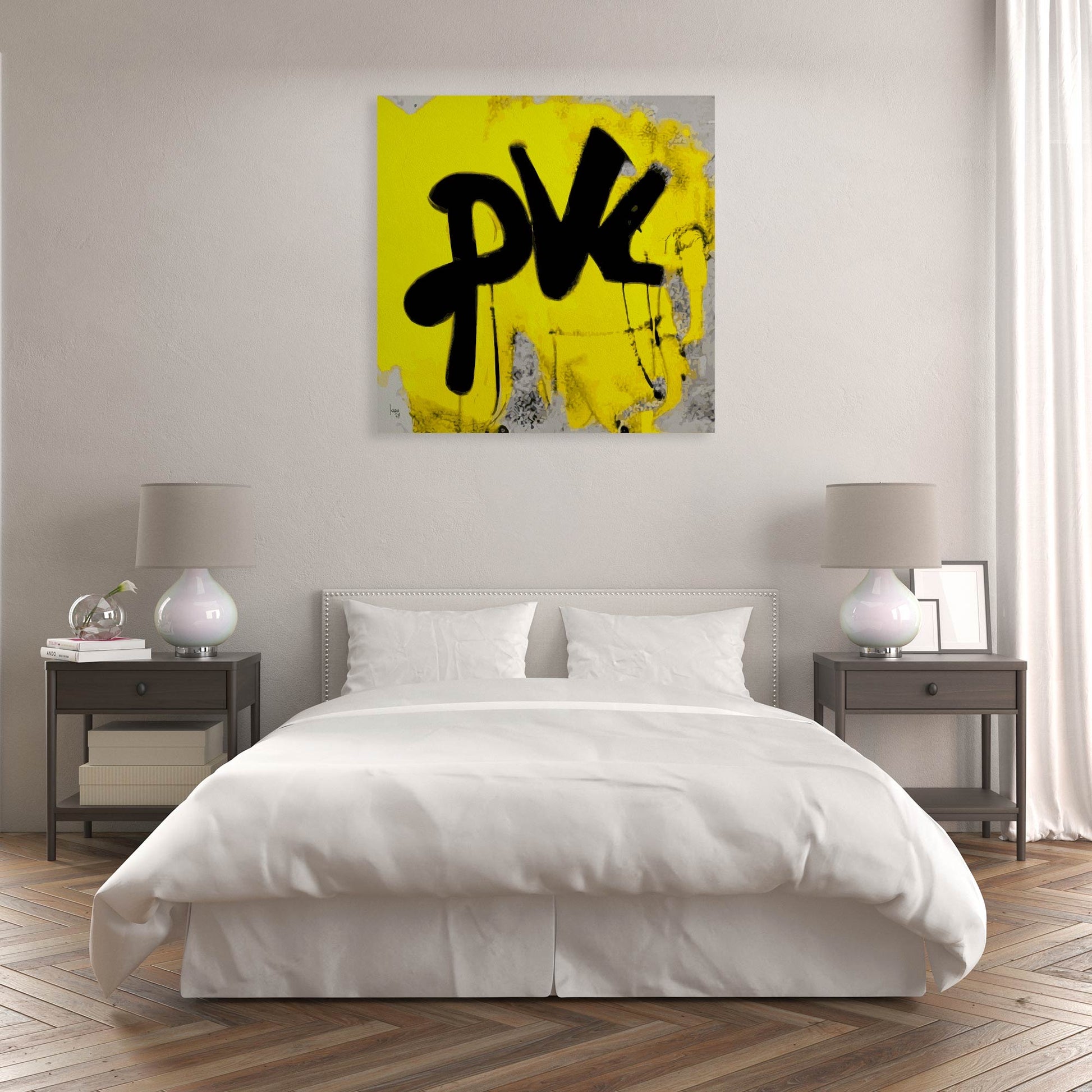 Œuvre PVL exposée dans un intérieur contemporain, apportant une touche graphique et vibrante à la décoration.