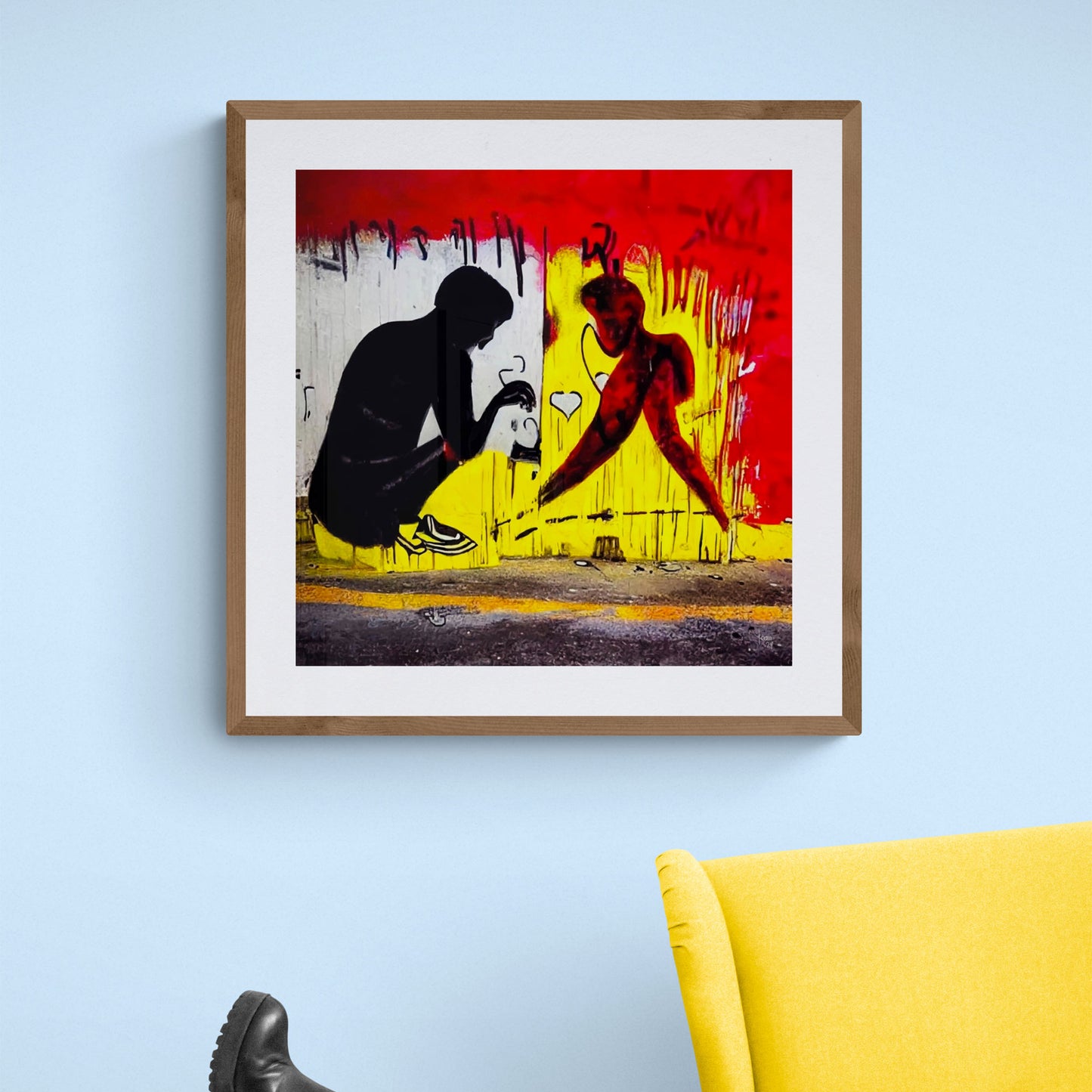 Oeuvre "Lueur" encadrée, tirage d'art contemporain abstrait exposé dans une chambre moderne, format 50x50 cm.