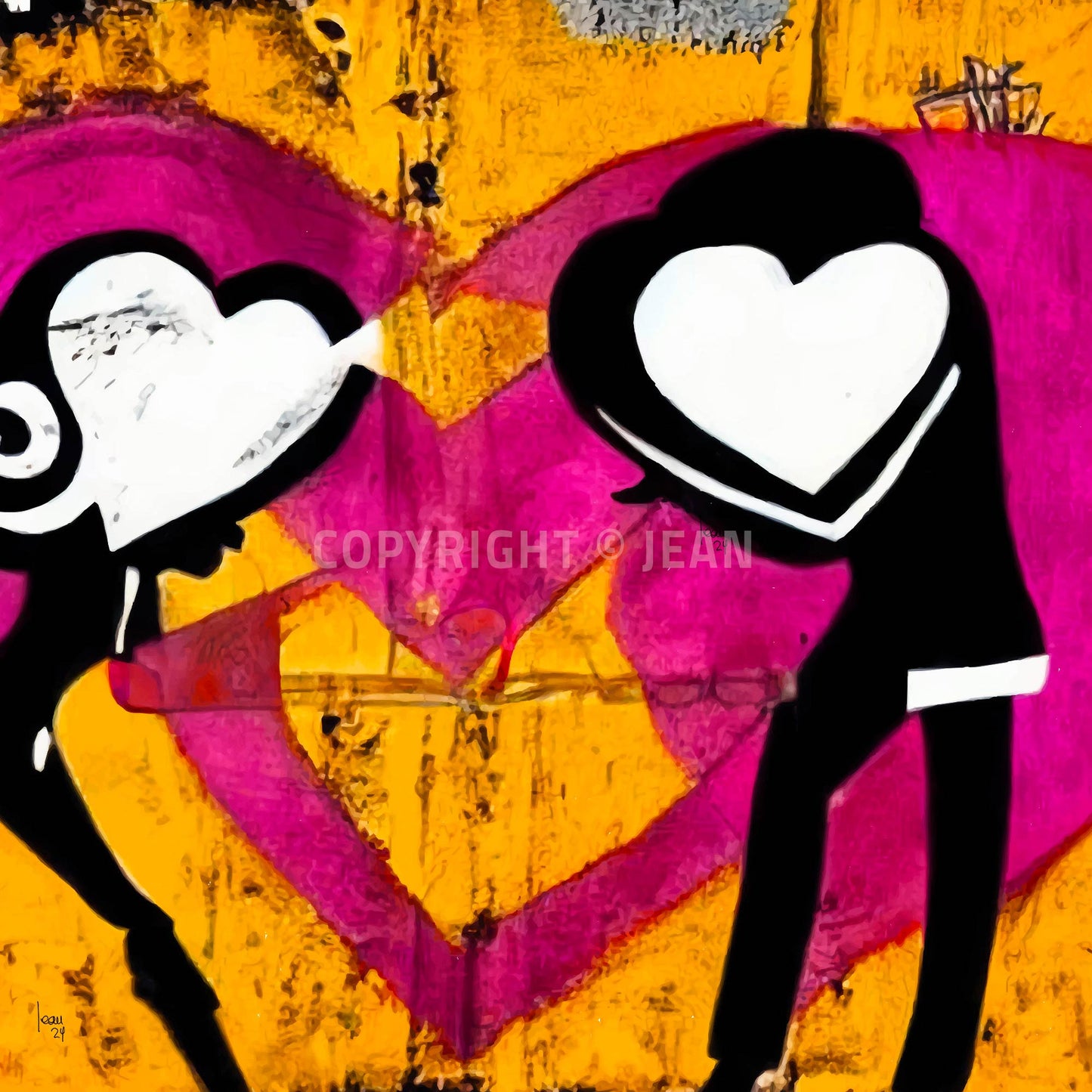 Œuvre contemporaine 'ATTRACTION' avec deux silhouettes aux cœurs éclatants sur fond jaune et fuchsia, style street art poétique, désir et rencontre, 2024