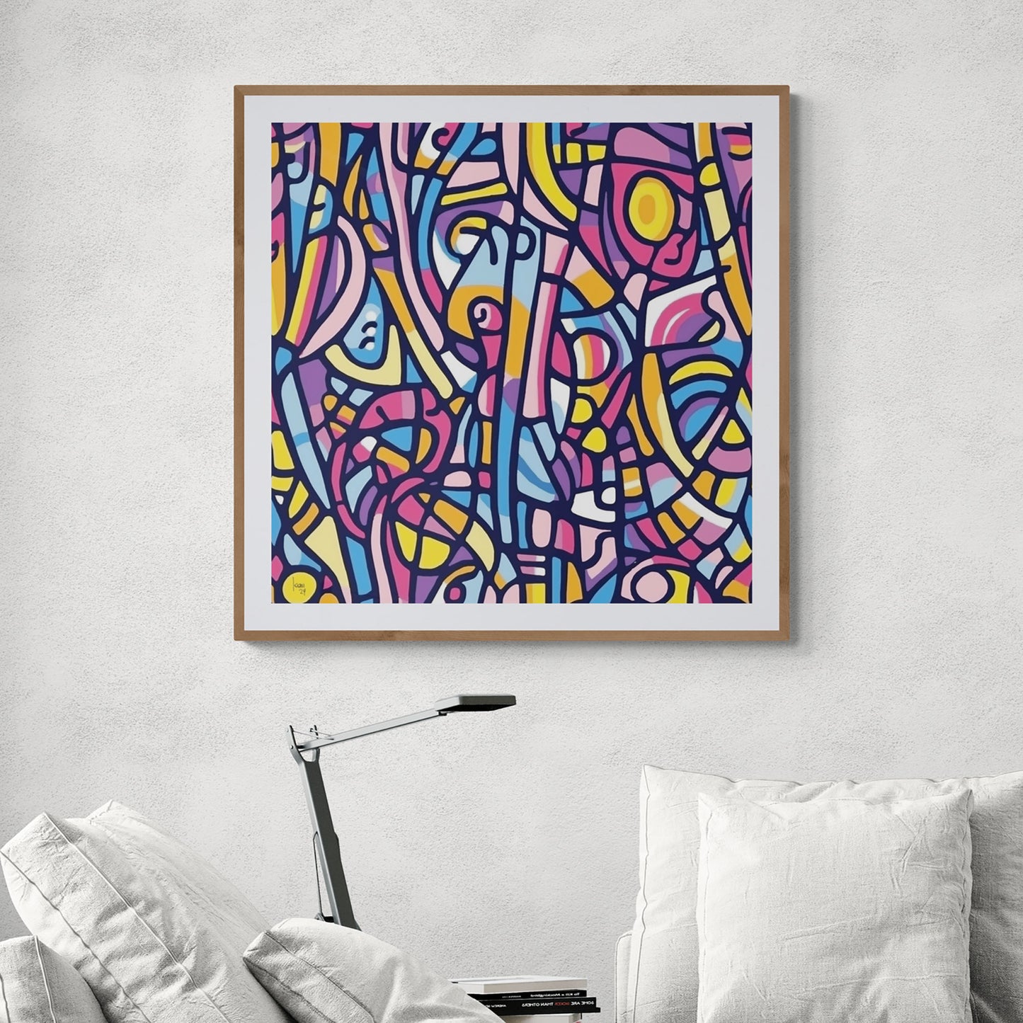 Tirage d'art encadré abstrait "Fragmentations" sur toile avec châssis bois, exposé dans un séjour moderne, format 100x100 cm.