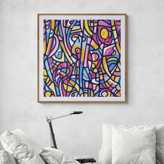 Tirage d'art encadré abstrait "Fragmentations" sur toile avec châssis bois, exposé dans un séjour moderne, format 100x100 cm.