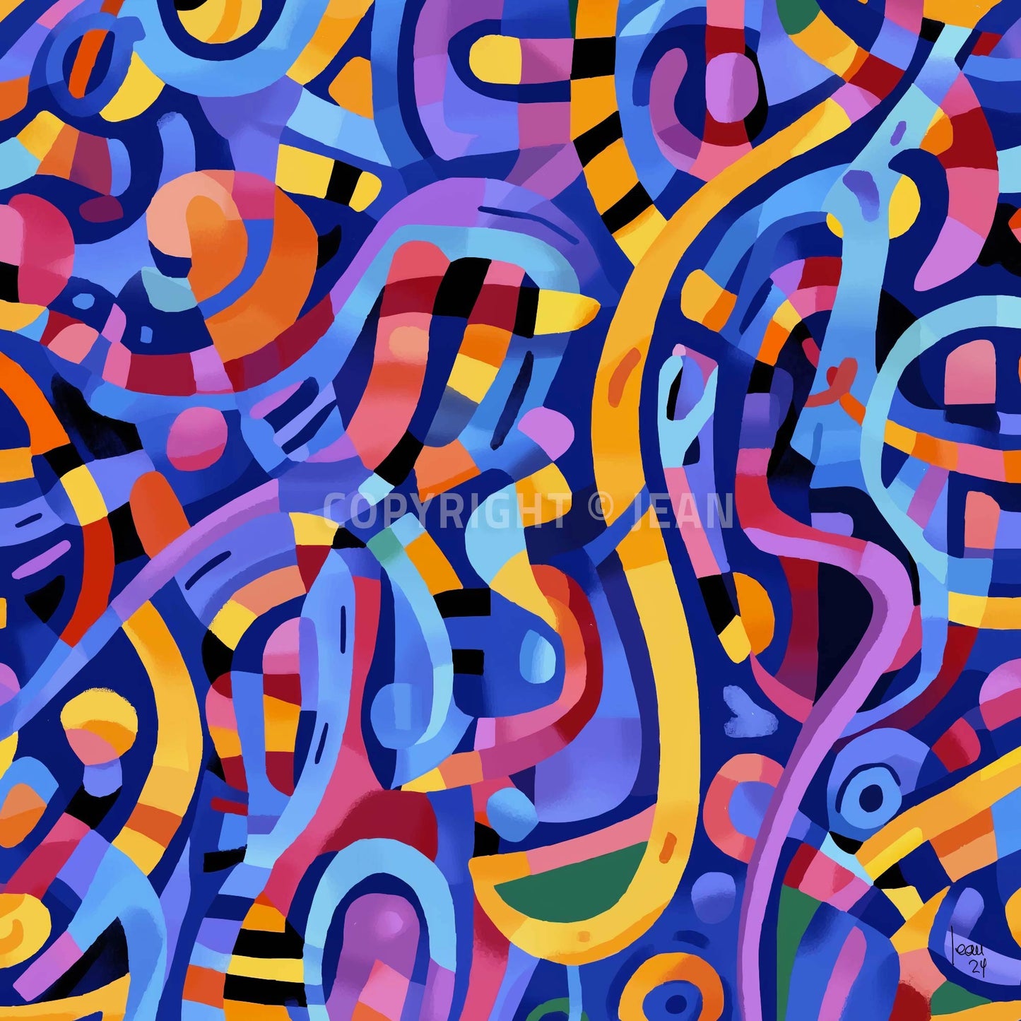 "Œuvre abstraite contemporaine 'VIBRATIONS' avec couleurs vives bleu, jaune, rouge et violet s’entrelçant en rythmes fluides, évoquant énergie positive, création 2024