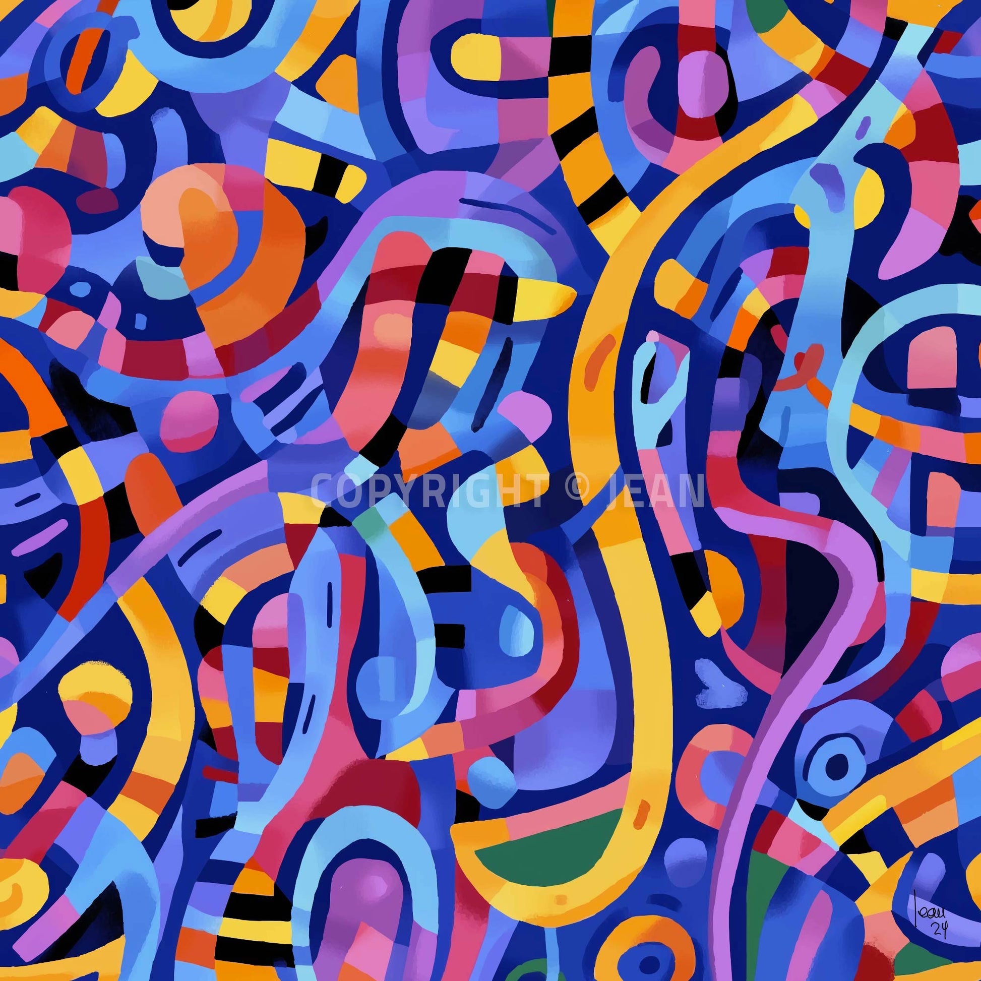 "Œuvre abstraite contemporaine 'VIBRATIONS' avec couleurs vives bleu, jaune, rouge et violet s’entrelçant en rythmes fluides, évoquant énergie positive, création 2024