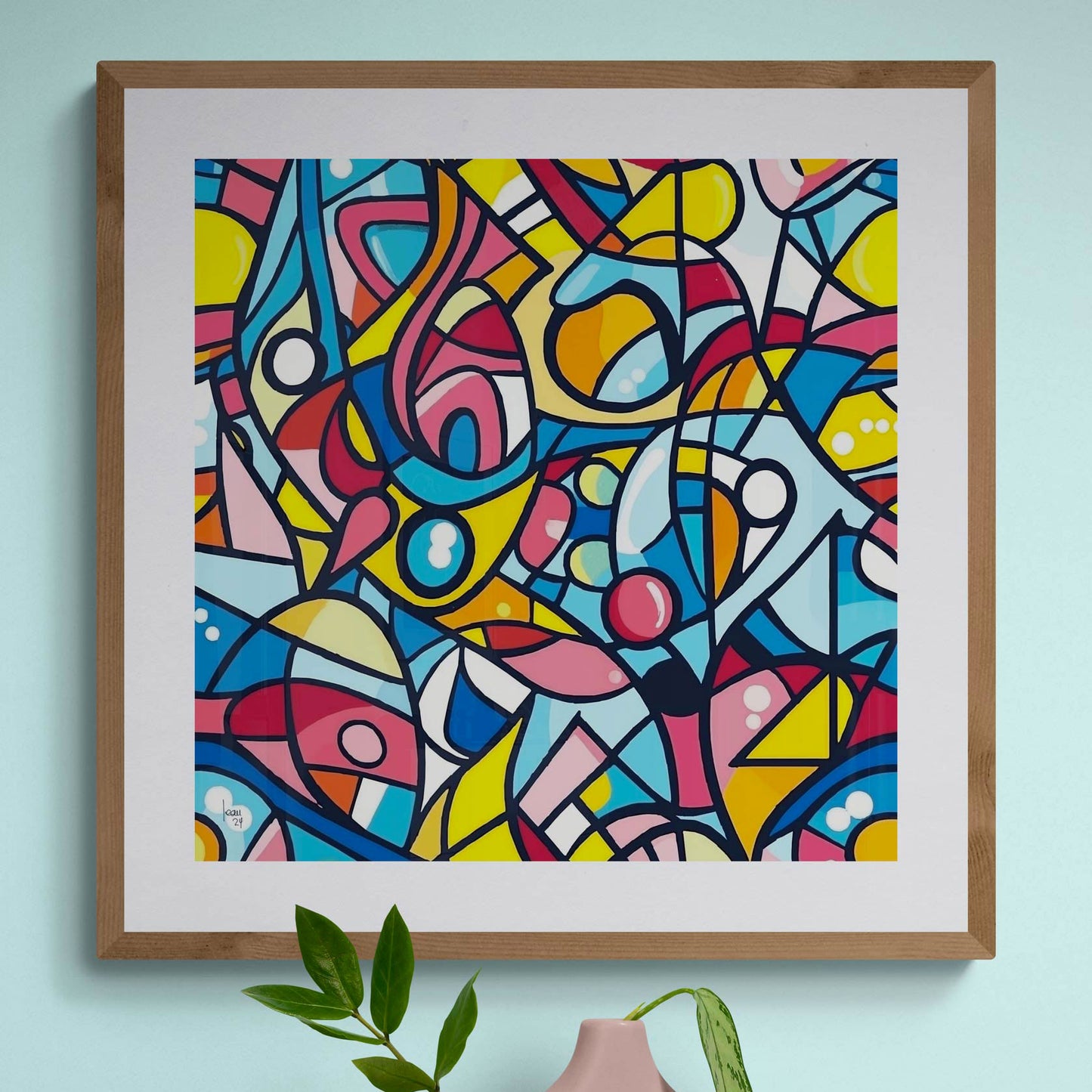 L’œuvre "Molécules" encadrée et intégrée dans un intérieur moderne, tableau décoratif évoquant science, biologie et énergie visuelle.