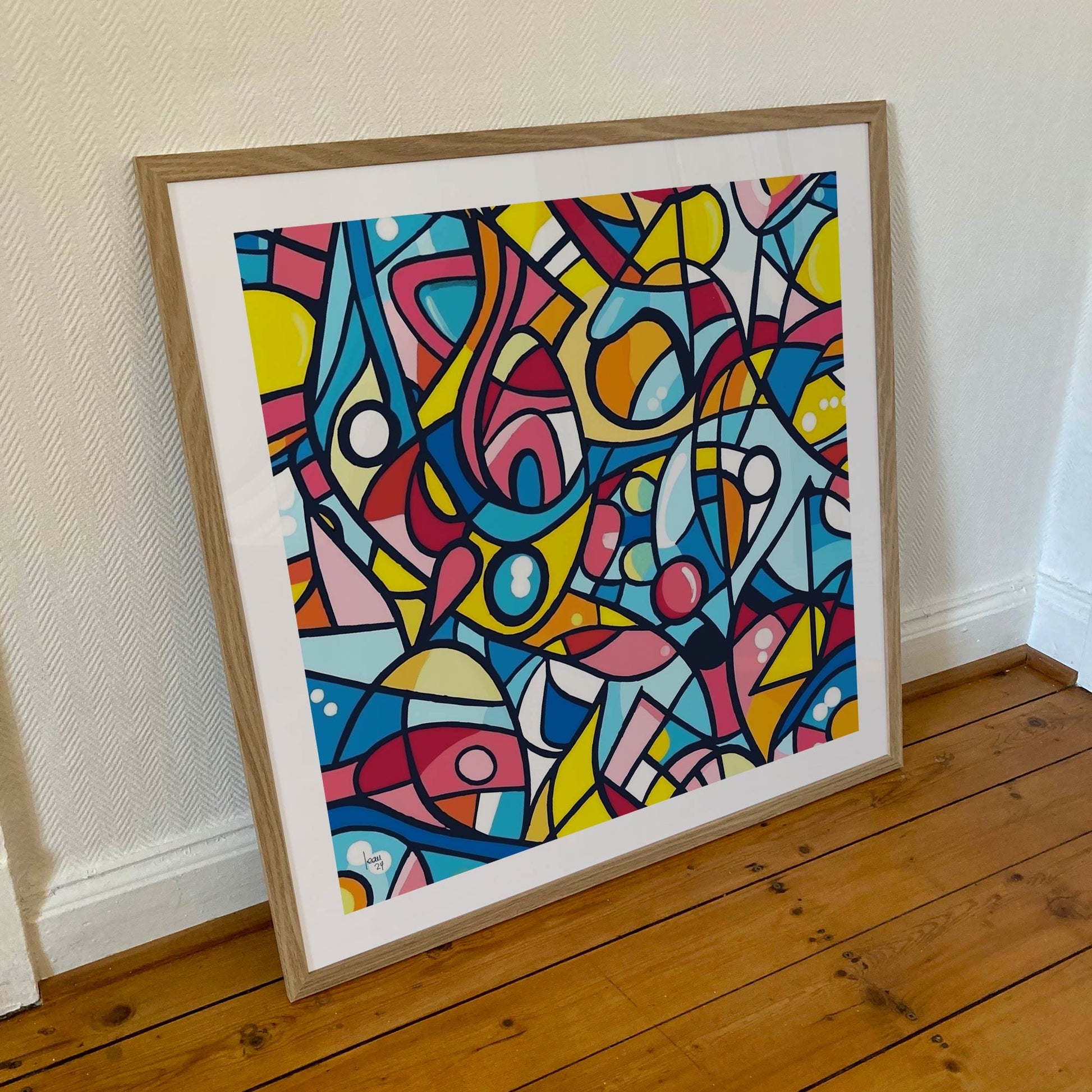 Tirage encadré 70×70 cm de "Molécules", art numérique illustrant des formes interconnectées évoquant des réactions chimiques ou biologiques.