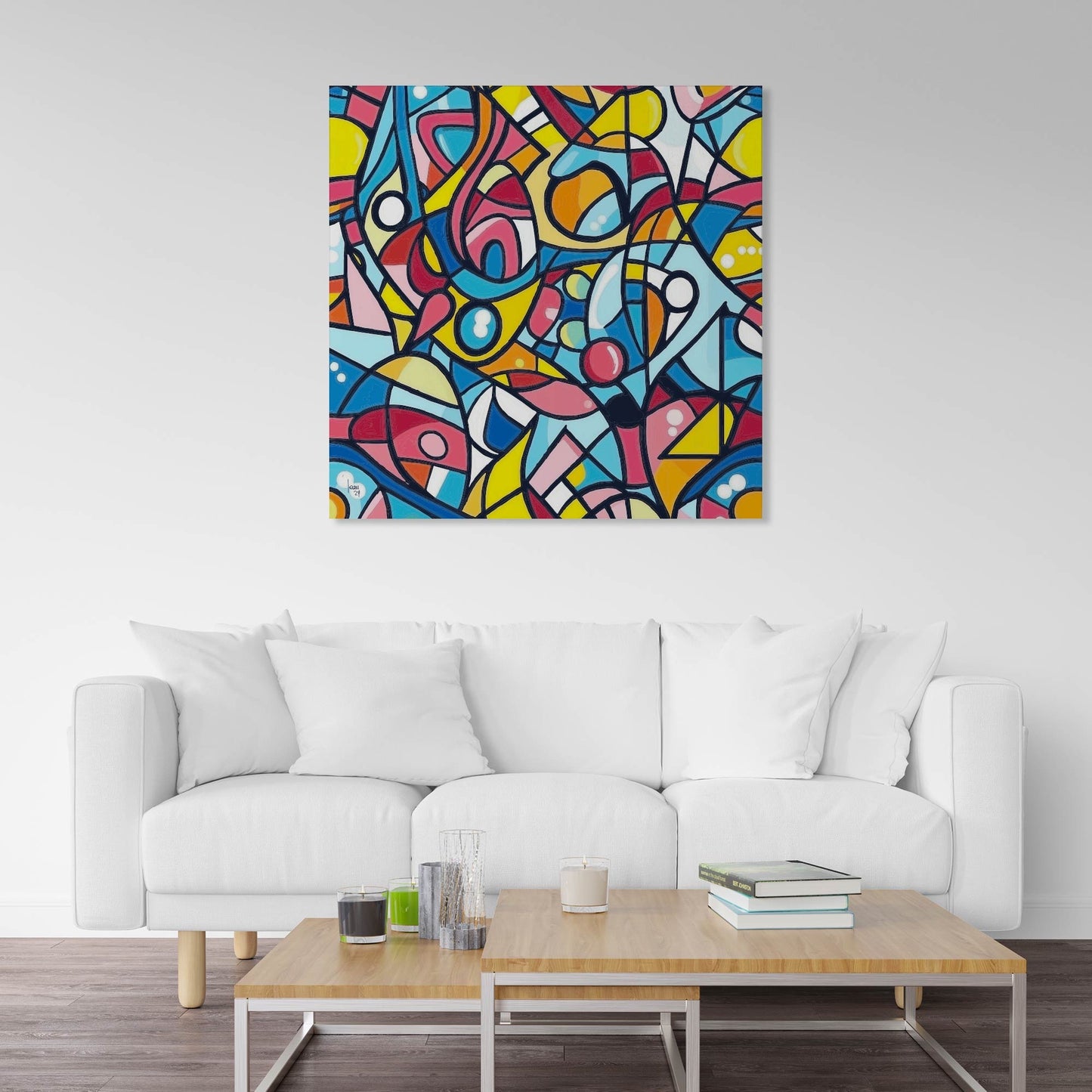 L’œuvre "Molécules" intégrée dans un intérieur moderne, tableau décoratif évoquant science, biologie et énergie visuelle.