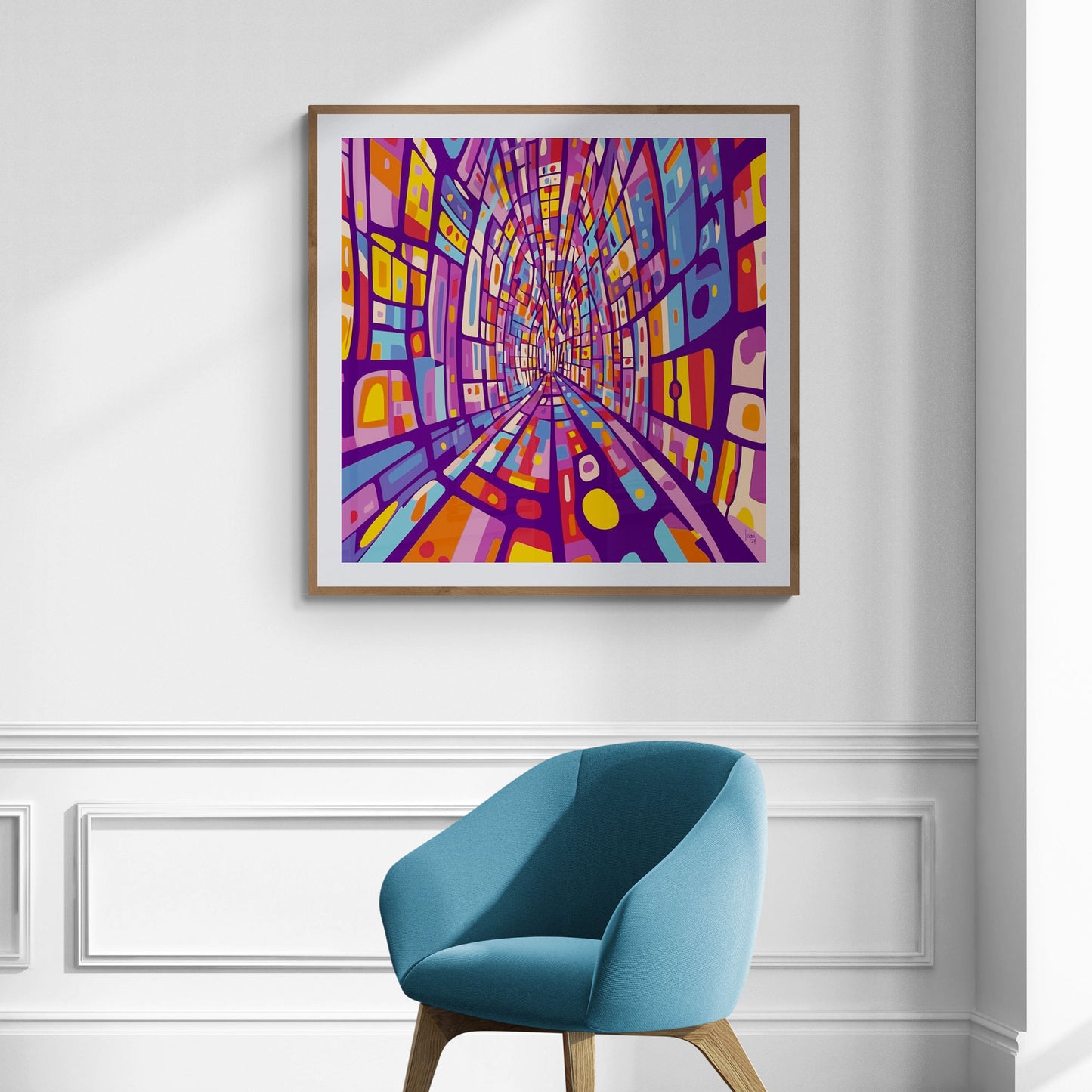 Tirage d'art numérique encadré "Cathédrale", art abstrait en situation dans un séjour moderne.