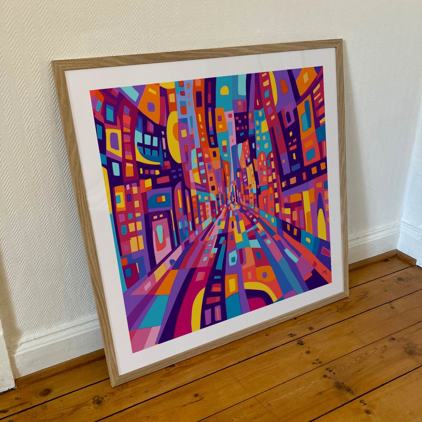 "Main Street" tirage d'art contemporain en couleur, encadré format 70x70cm.  Art abstrait achat en ligne auprès de l'artiste.