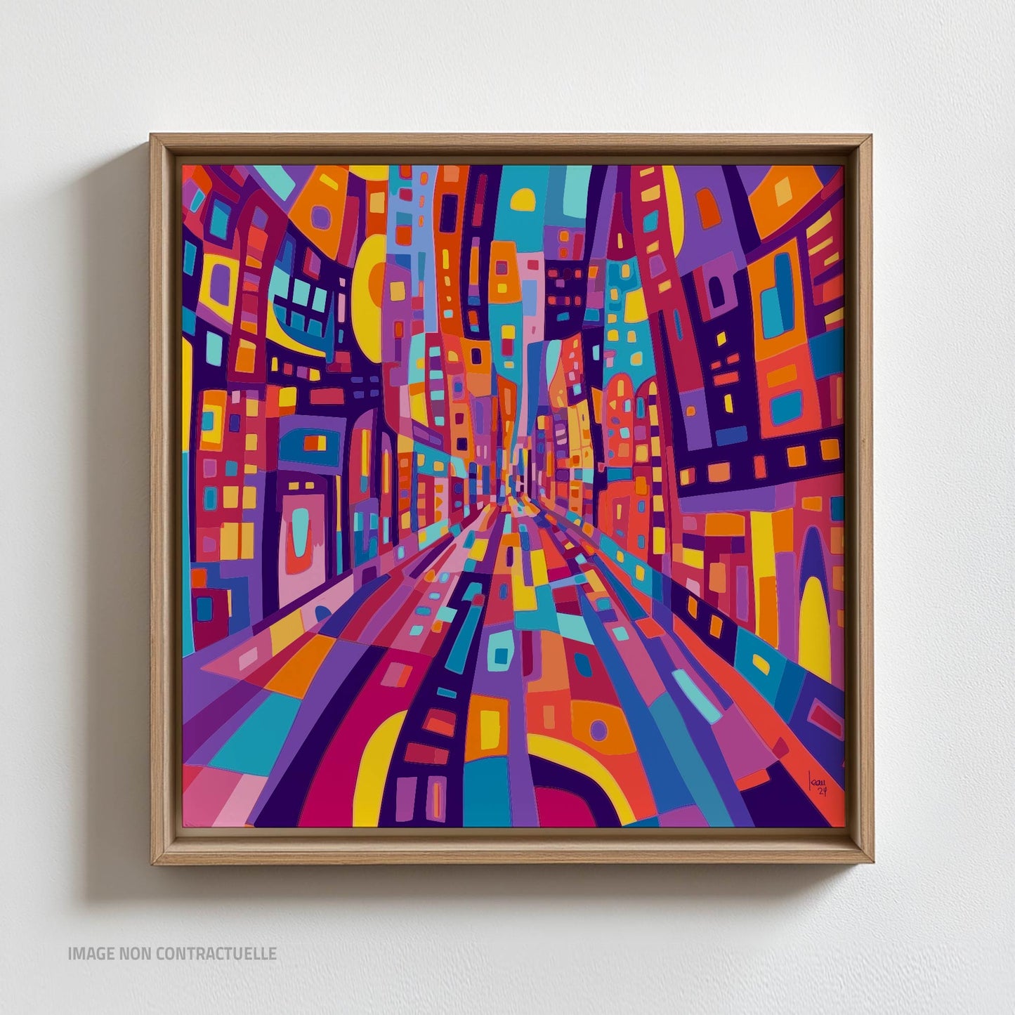 Tirage sur caisse américaine de l'œuvre "Main Street", format 110x110 cm, design abstrait coloré pour intérieur moderne.