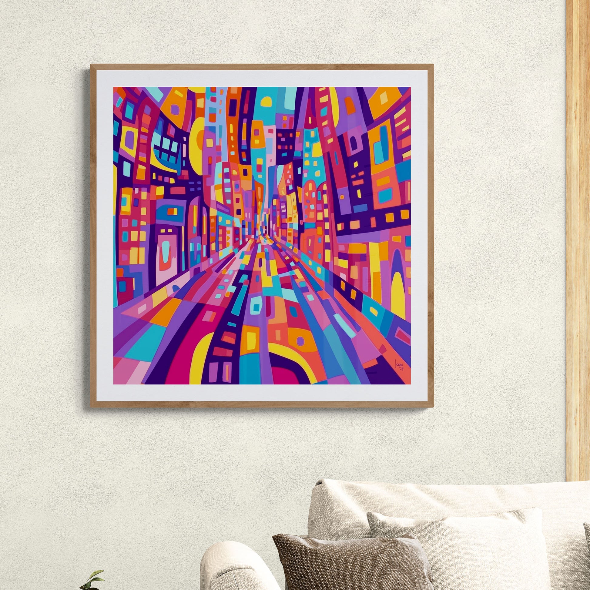 Œuvre "Main Street" exposée encadrée dans un salon lumineux, tirage sur toile, art contemporain urbain.