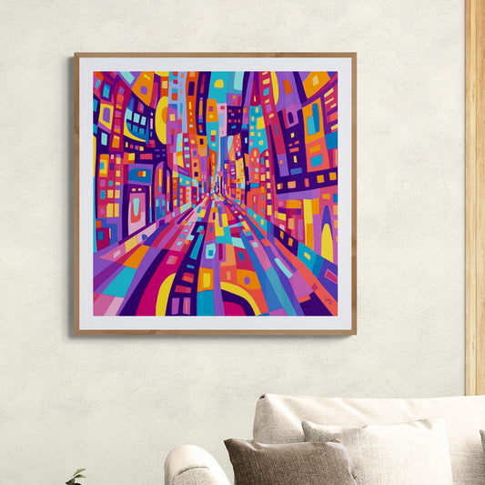Œuvre "Main Street" exposée encadrée dans un salon lumineux, tirage sur toile, art contemporain urbain.
