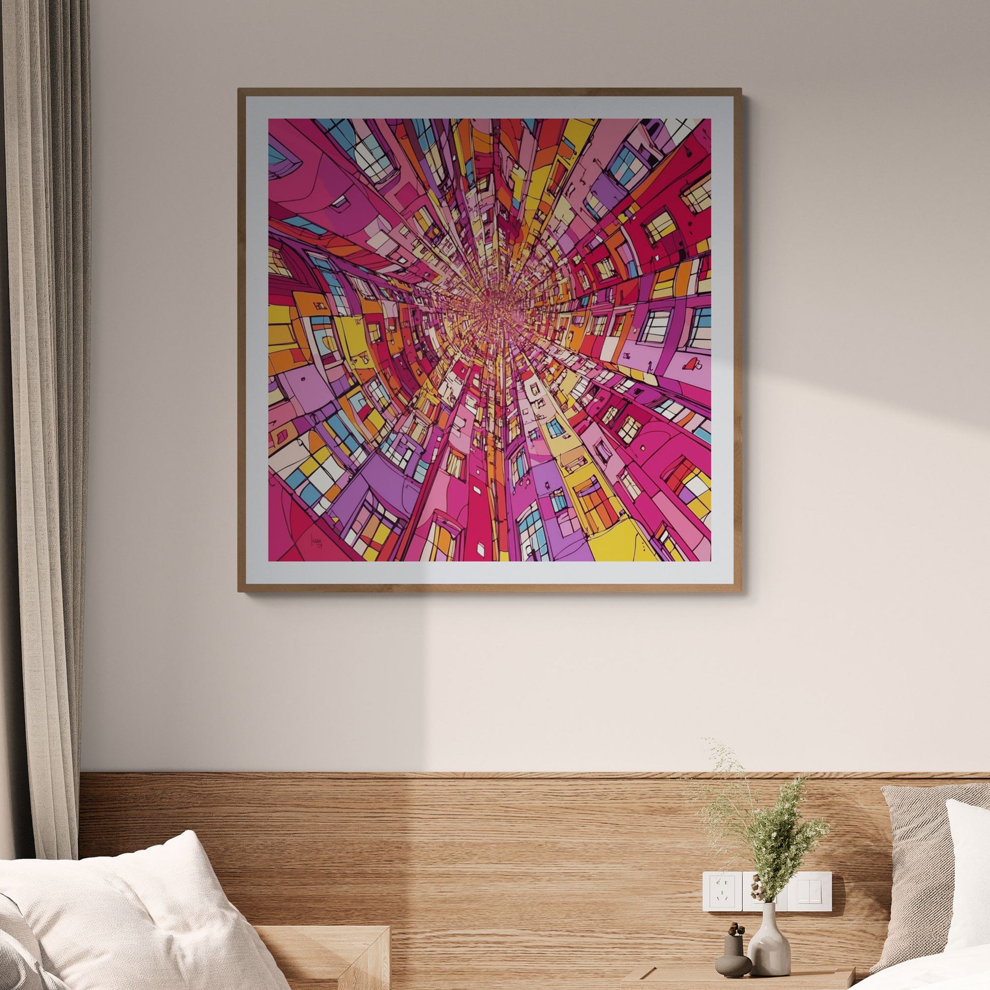Tirage d'art abstrait "Vertigo" sous cadre accroché dans un intérieur moderne, vibrant avec des couleurs chaudes et des motifs géométriques.