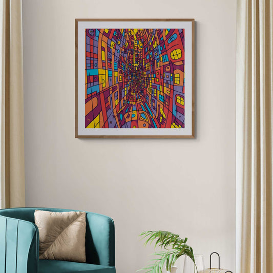 Tirage d’art "Passage" encadré dans un salon contemporain, œuvre numérique abstraite par Limonade Bleue